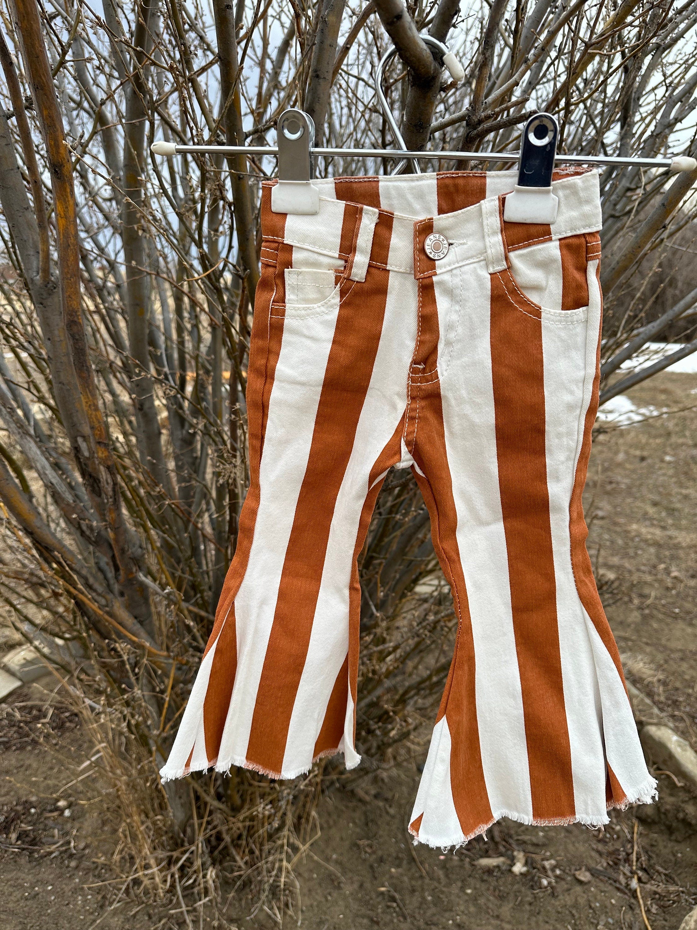 STRIPED Bell Bottom Jeans | Girls Frayed Flare Jeans, Back to School Jeans available in brown and white stripe and blue, tan grey, white stripe.