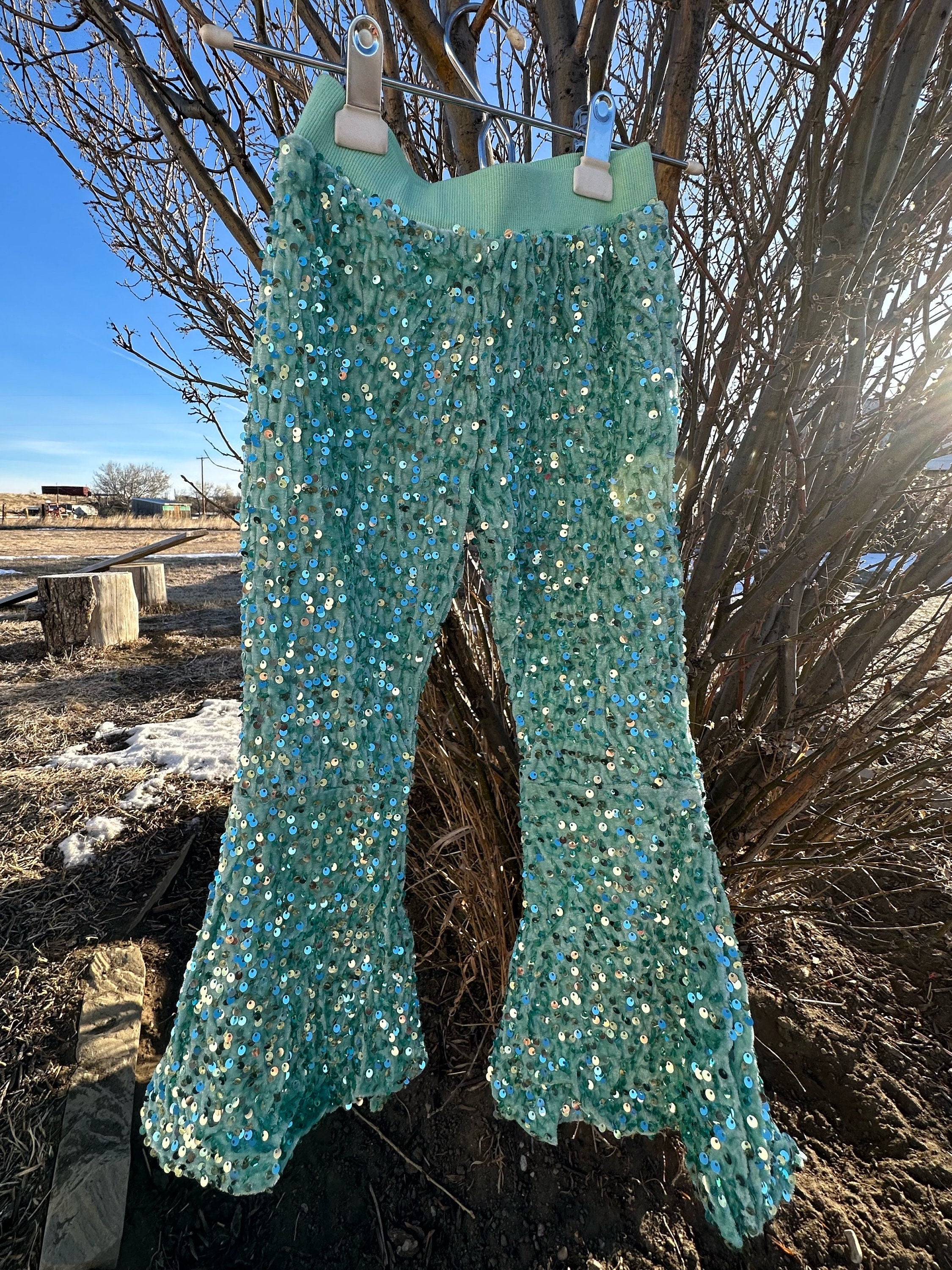 Girls Sparkle Sequin Bell Bottoms, PINK TURQUOISE Sequin Pants