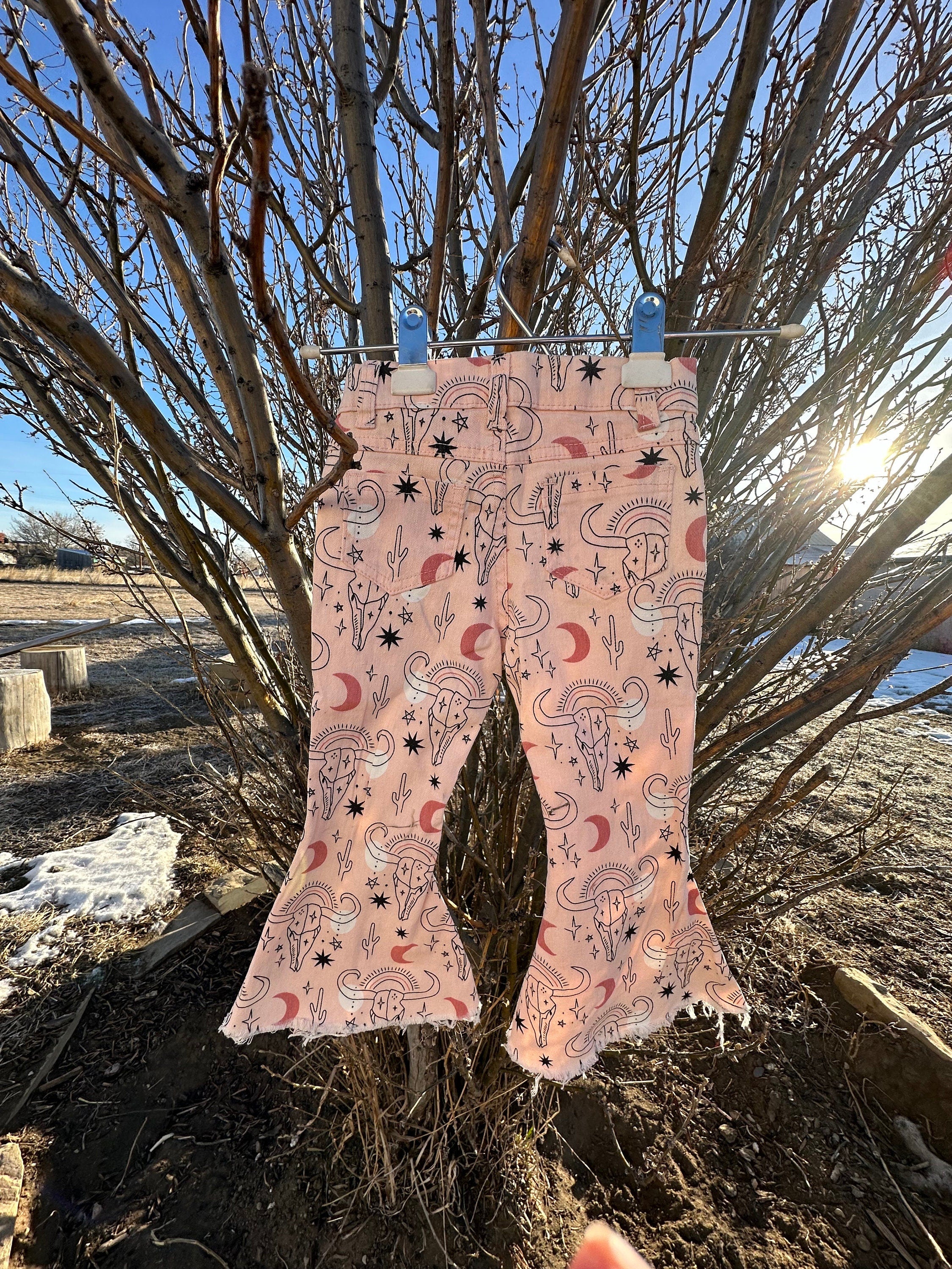 Cowgirl Pink Bell Bottoms, Western Cow Skull Jeans