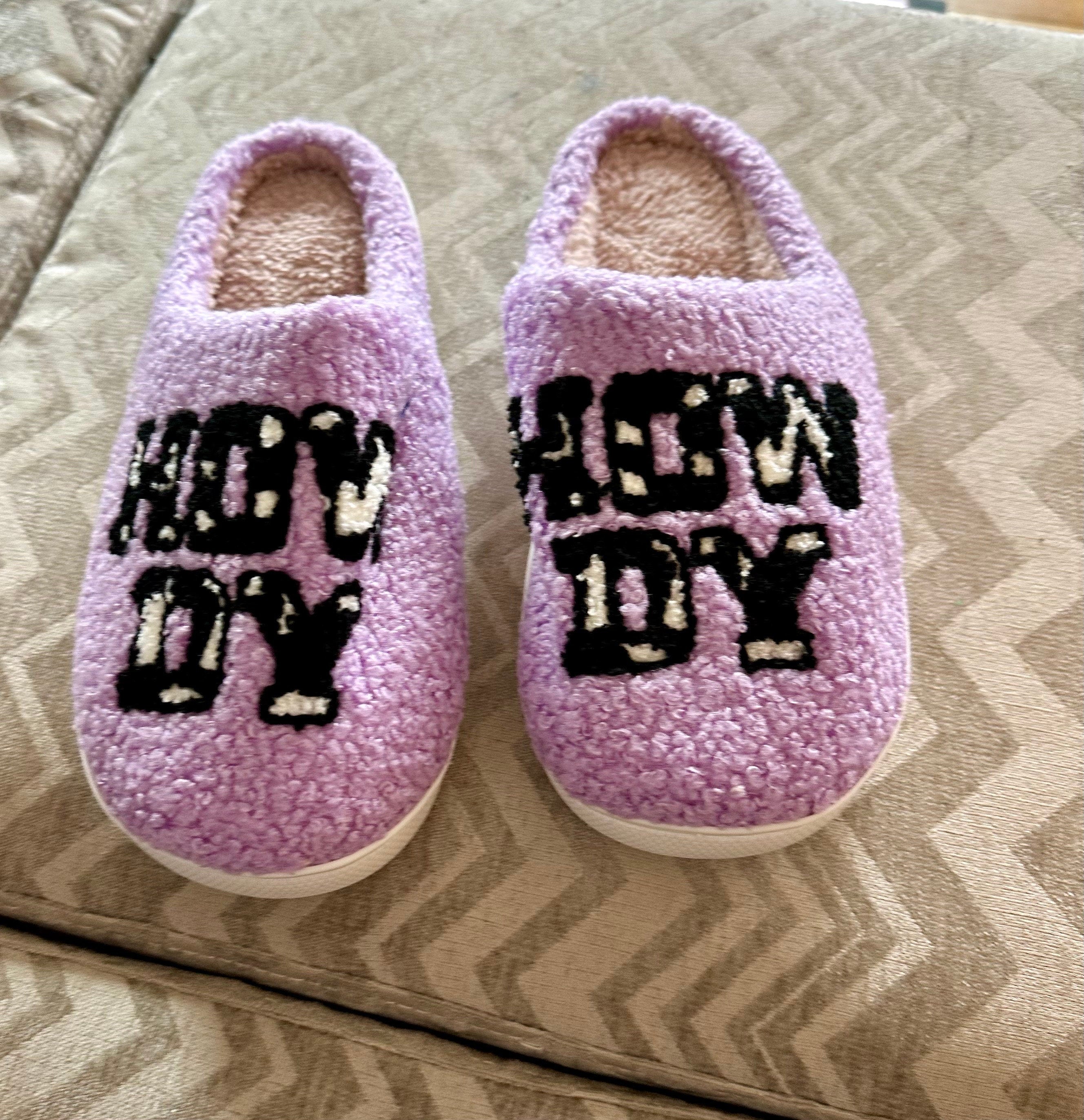 &quot;Howdy Cowgirl Slippers - Western-Inspired Cow Print Slippers, Perfect Gift for Her | Purple &#39;Howdy&#39; Design&quot;