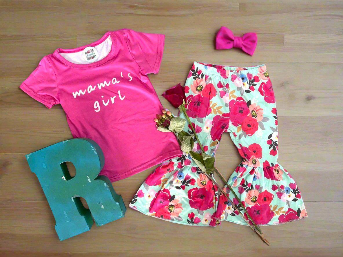 🌸 Just in Time for Mother’s Day – Now Only $10! 🌸
Limited Sizes Left: Only 3T & 4T Available!

Mama’s Girl Bell Bottom Outfit | Hot Pink T-shirt & Mint Floral Bell Bottoms

Celebrate spring and Mother’s Day in style with this adorably fierce outfit for your mini! Featuring a bold hot pink “Mama’s Girl” tee and twirl-worthy mint green floral bell bottoms, this set is made for the sassiest little sidekick.