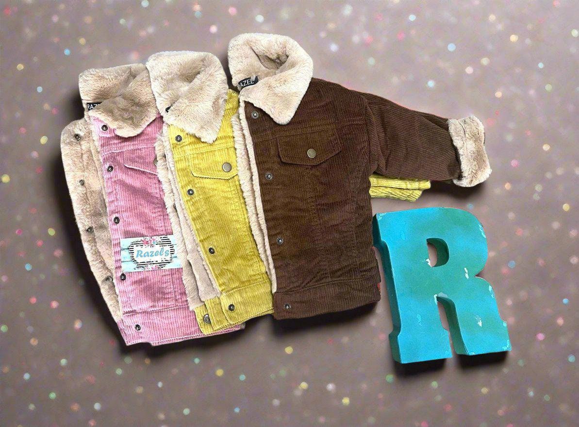 Kids Western Corduroy Coats with very soft and warm Sherpa lining. Available in pink, yellow and brown.