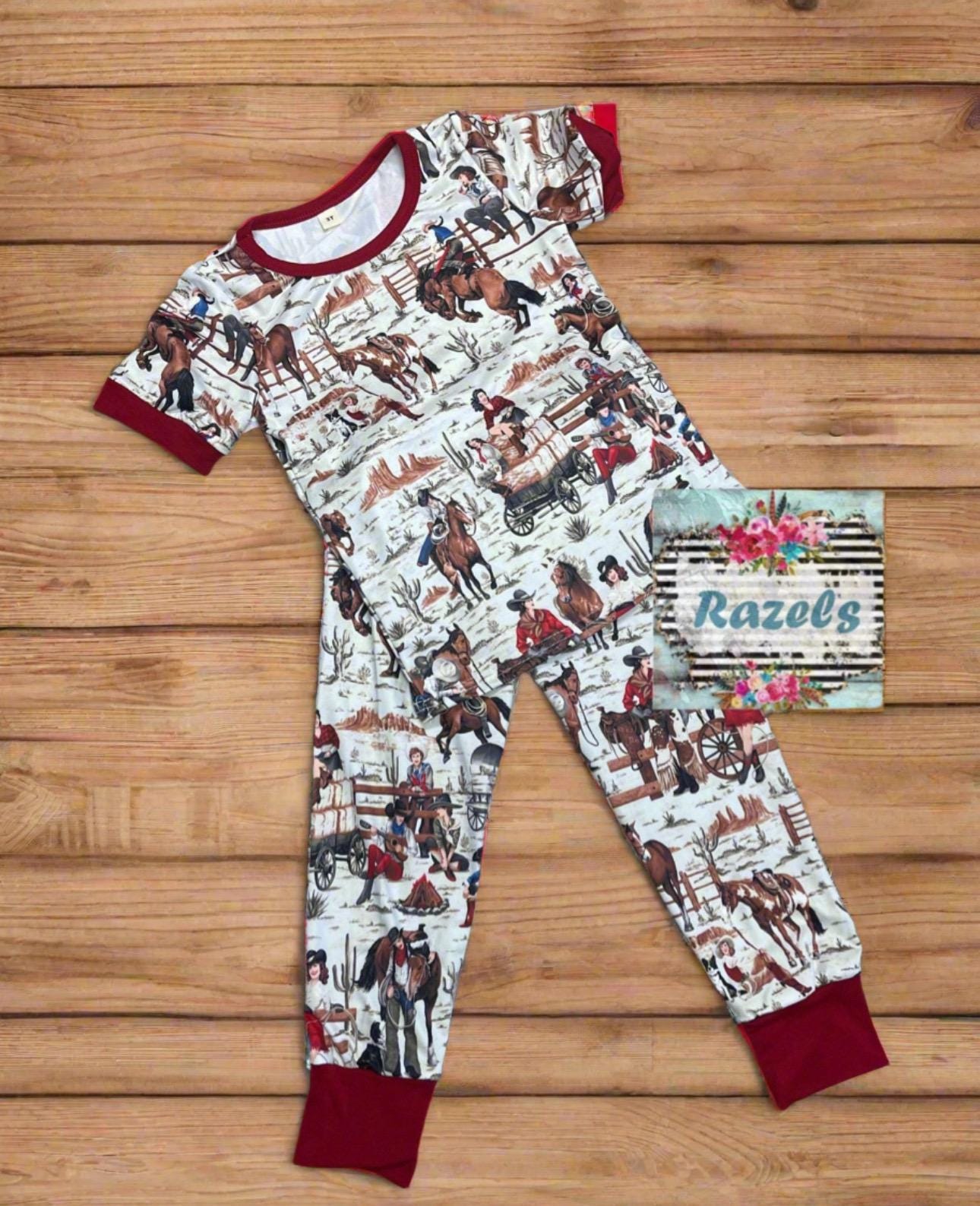A cowgirl pajama set featuring a cheerful design of a cowgirl who can rope, ride broncs, and sing—complete with her trusty horse and dog by her side! Cute and soft and also available in matching mom size!