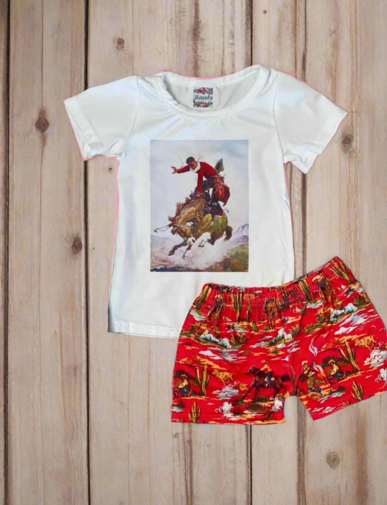 Saddle up in style with this adorable Girls’ Cowgirl Outfit! This Retro Western Short Set is perfect for summer rodeos, playdates, or just lounging in comfort. The set includes a stylish Rodeo Shirt featuring a bold bronc rider graphic and matching Cowboy Shorts with a fun vintage-inspired Western Shorts design.  ✨ Matching Mom and Daughter Set Available – Twinning Approved! ✨ Soft, Breathable & Stretchy (95% Cotton, 5% Spandex) ✨ True to Size (TTS) for the Perfect Fit