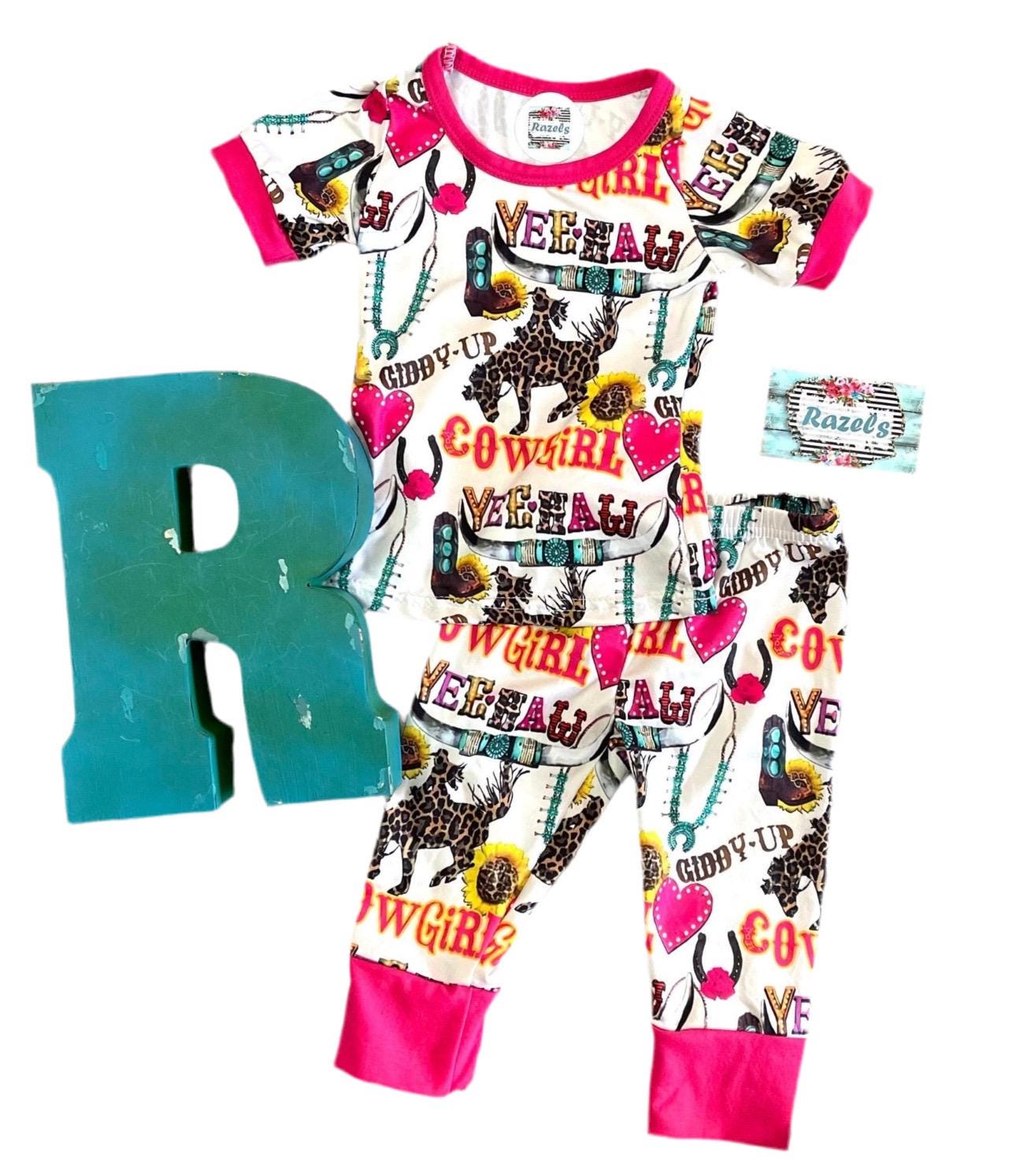 Cowgirl Pajamas / GIDDY UP Yeehaw Pajamas, Pink Hearts and Cowgirls -Razels