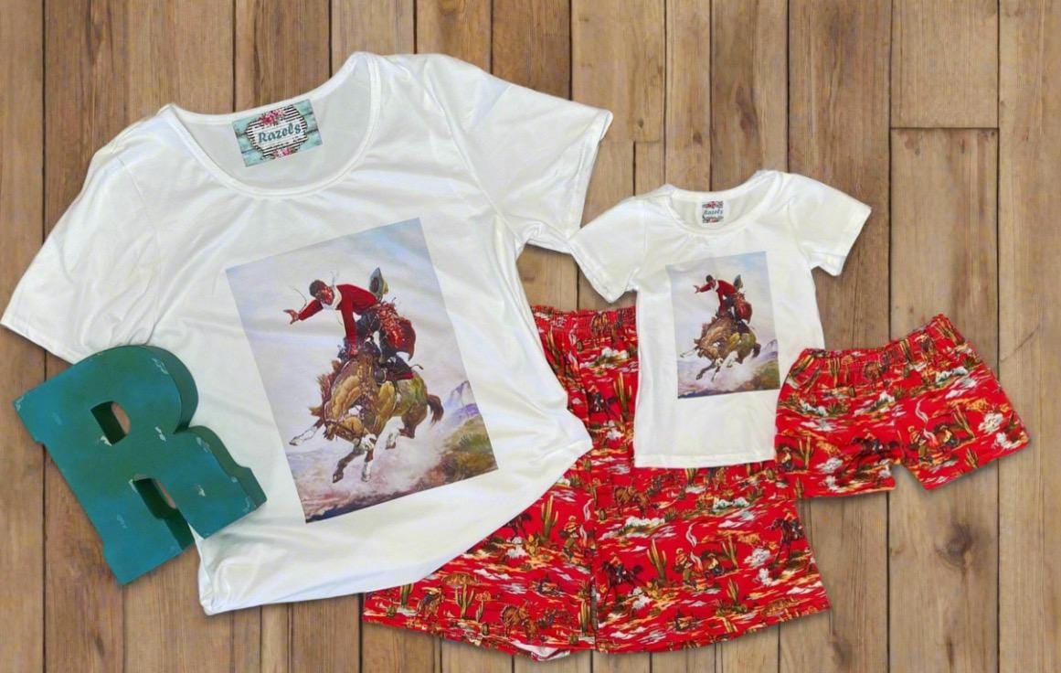 How fun is this Cowboy Shorts & Cowboy T-Shirt set?! 🌵 This Western Lounge Set is everything—perfect for lounging, running errands, or styling up for a day out. The vintage cowboy print gives it that classic Western feel, and the shorts? Absolute perfection! 😍

✨ Why You’ll Love It:
✔ Semi-fitted Cowboy T-Shirt for a flattering look (Medium: 19” underarm to underarm)
✔ Mom and Daughter Matching available—grab the kids&#39; version, too!