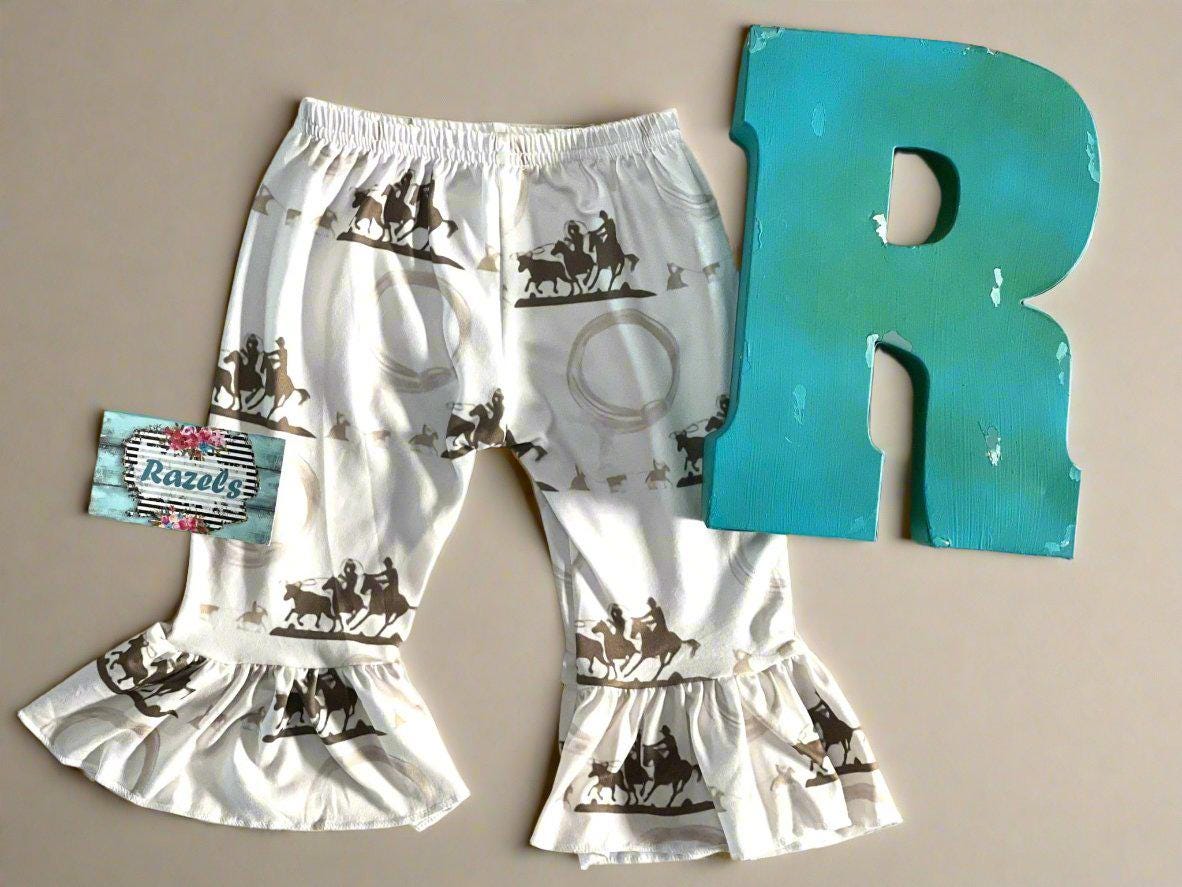 CLEARANCE $10 – Team Roper Bell Bottom Pants, Rodeo Flare Pants for Girls, Western Team Roping Print, Kids Cowgirl Outfit