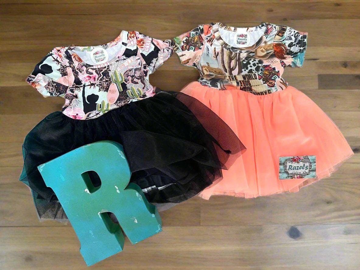 Western Party Dress for Girls | TUTU Dress, Cowgirl Birthday Dress, Western Flower Girl Dress for girls, toddlers and babies. Dress is available in turquoise, black and peach. Each tutu skirt bottom has it&#39;s own western print top. So cute!