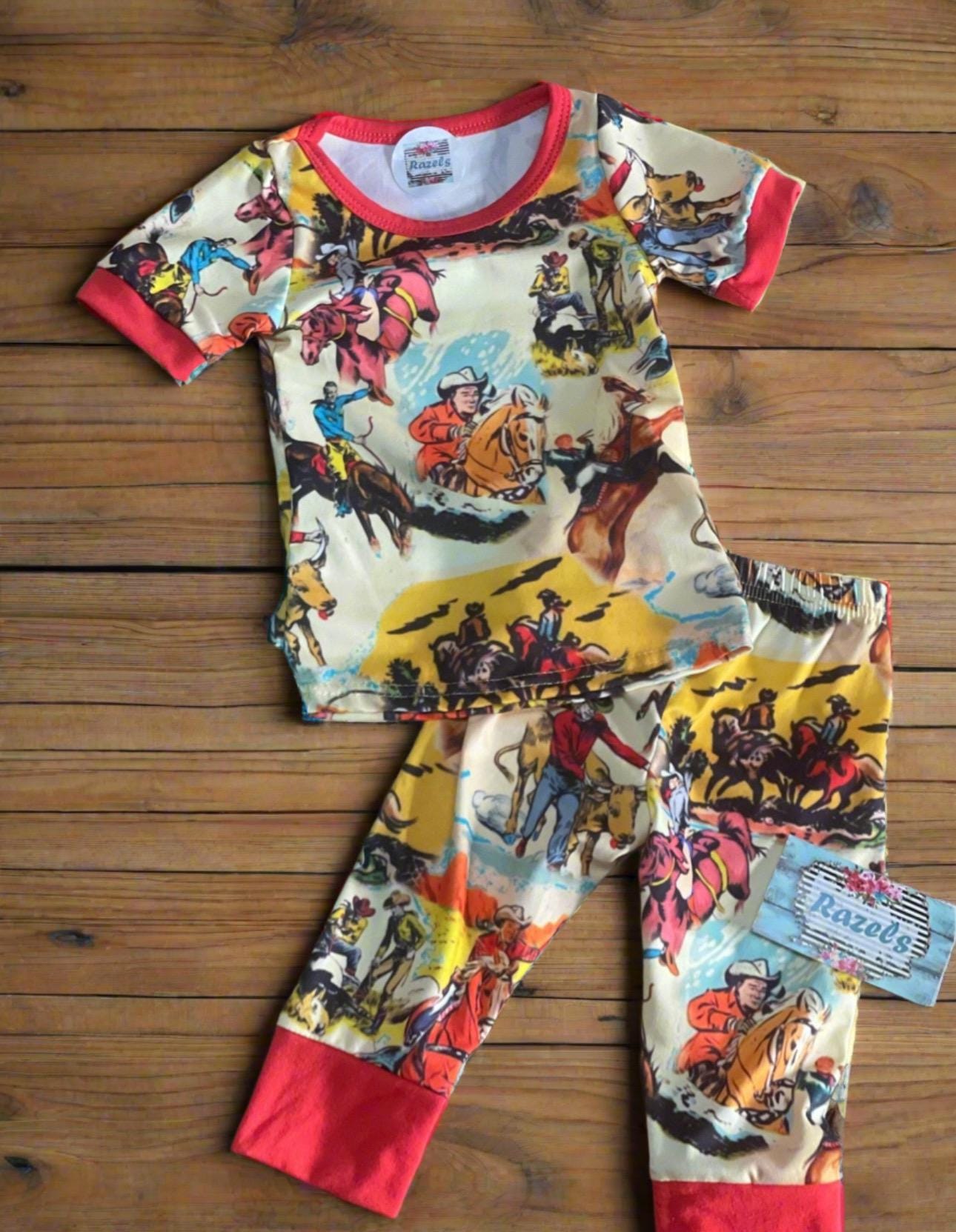 Retro Cowboy Print Pajamas / Classic Western TV Stars PJ Pants Shirt / ROY Rogers Trigger Cowboy Pajamas -Razels