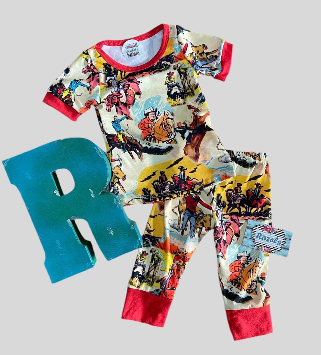 Retro Cowboy Print Pajamas / Classic Western TV Stars PJ Pants Shirt / ROY Rogers Trigger Cowboy Pajamas -Razels