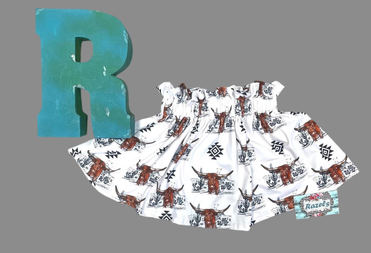 Girls Cowgirl Skirt |  Western Longhorn Aztec Print Skirt, Girls Paper Bag Skirt with aztec design and desert scene. Black, white and brown