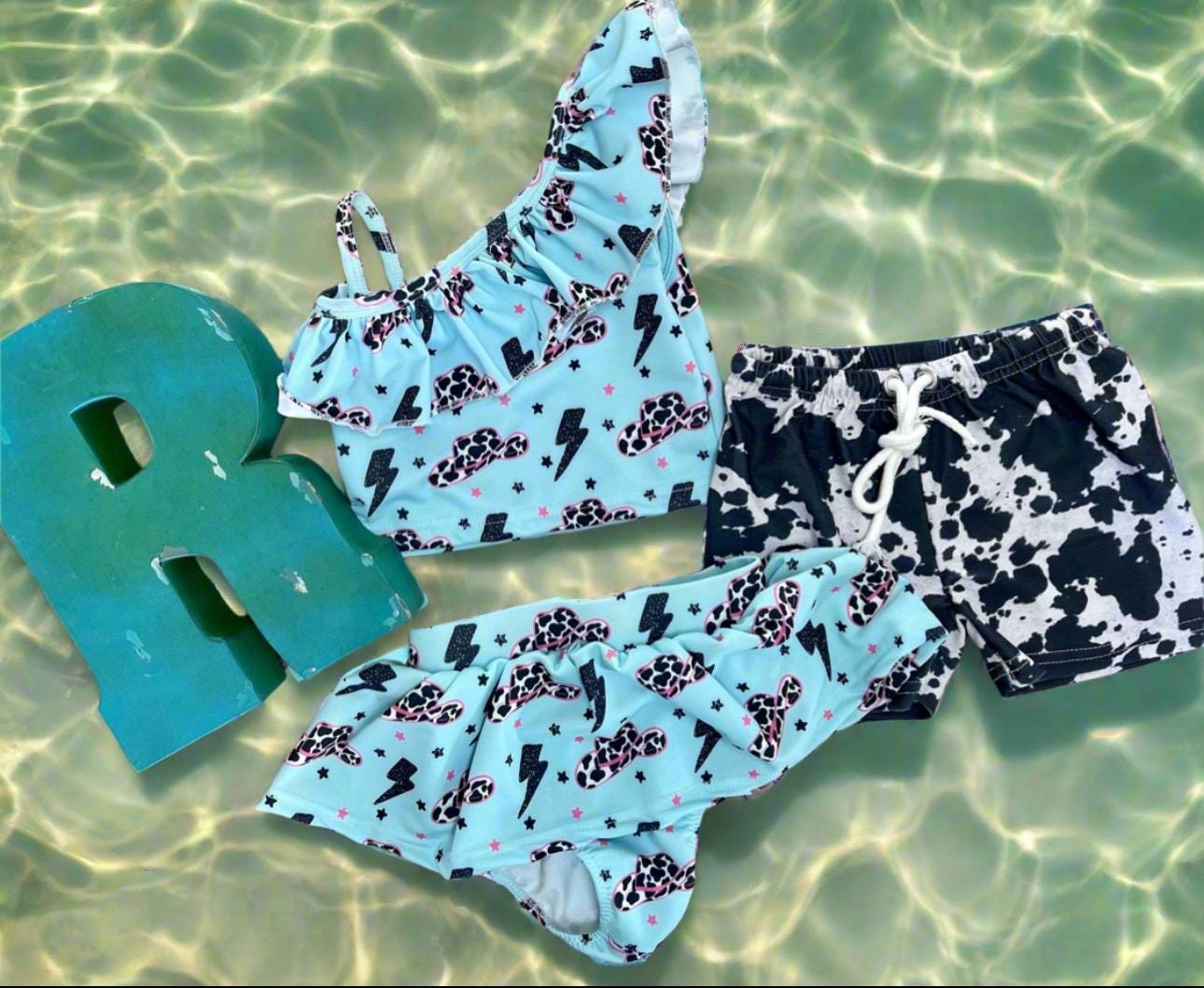 Western Cowgirl Tankini Swimsuit, Black White Cow print