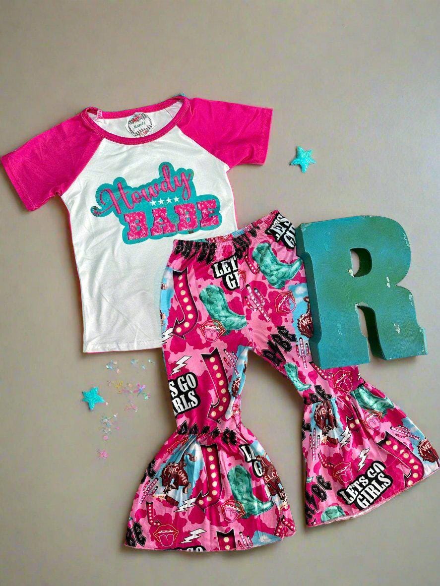 Girls’ Bell Bottom Outfit | HOWDY BABE Cowgirl Flares Pink & Turquoise Let’s Go Girls Set Toddler Western Clothes -Razels