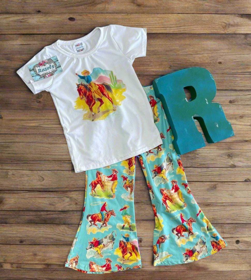 Retro Cowgirl Outfit, Girls Bell Bottom Outfit, Vintage Western Prints Pants, Cowgirl Outfit Yeehaw! Featuring adorable vintage cowgirl prints and comfy trouser-style bell bottoms, it’s the perfect blend of charm and comfort. SHIPS FREE $35+