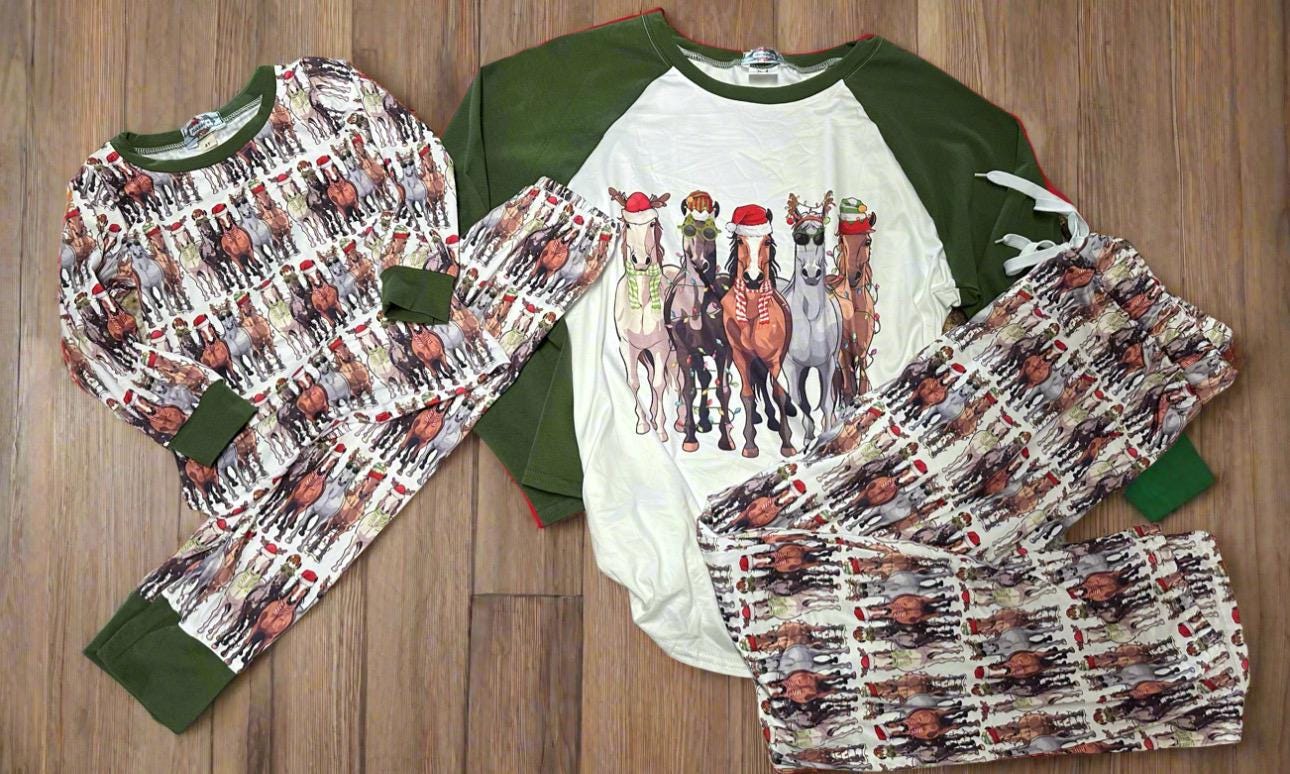 Christmas Horse Pajamas – Matching Family Holiday PJs | Festive Horse Lover Sleepwear

Celebrate the holidays in Western style with Razels’ exclusive Christmas Horse Pajamas – the perfect matching family PJs for horse lovers! This festive holiday set features a joyful herd of horses dressed for Christmas:

❄️Bay horse in a Santa hat & scarf
❄️Grey horse with reindeer antlers
❄️Playful ponies tangled in twinkling Christmas lights 🎄