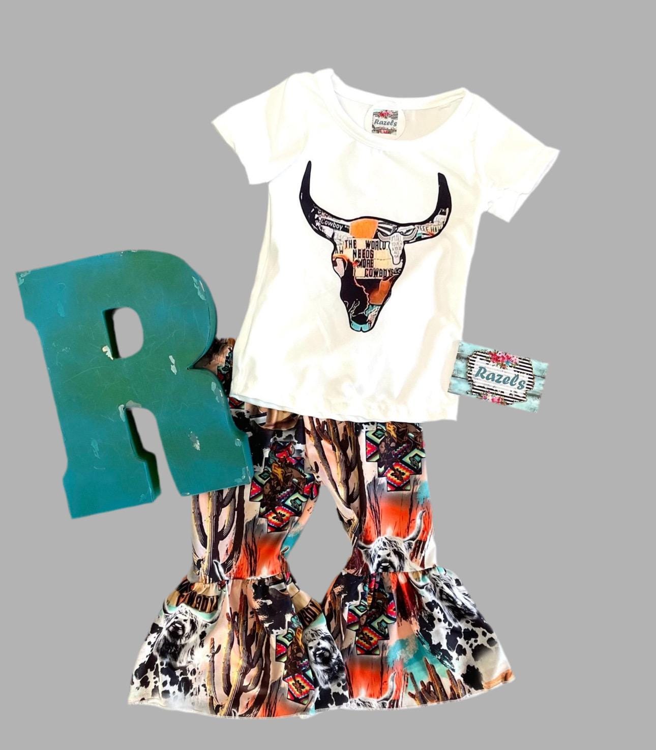 World Needs More Cowboys Outfit, Cowgirl Bell Bottom Pants and Steer Skull Shirt -Razels