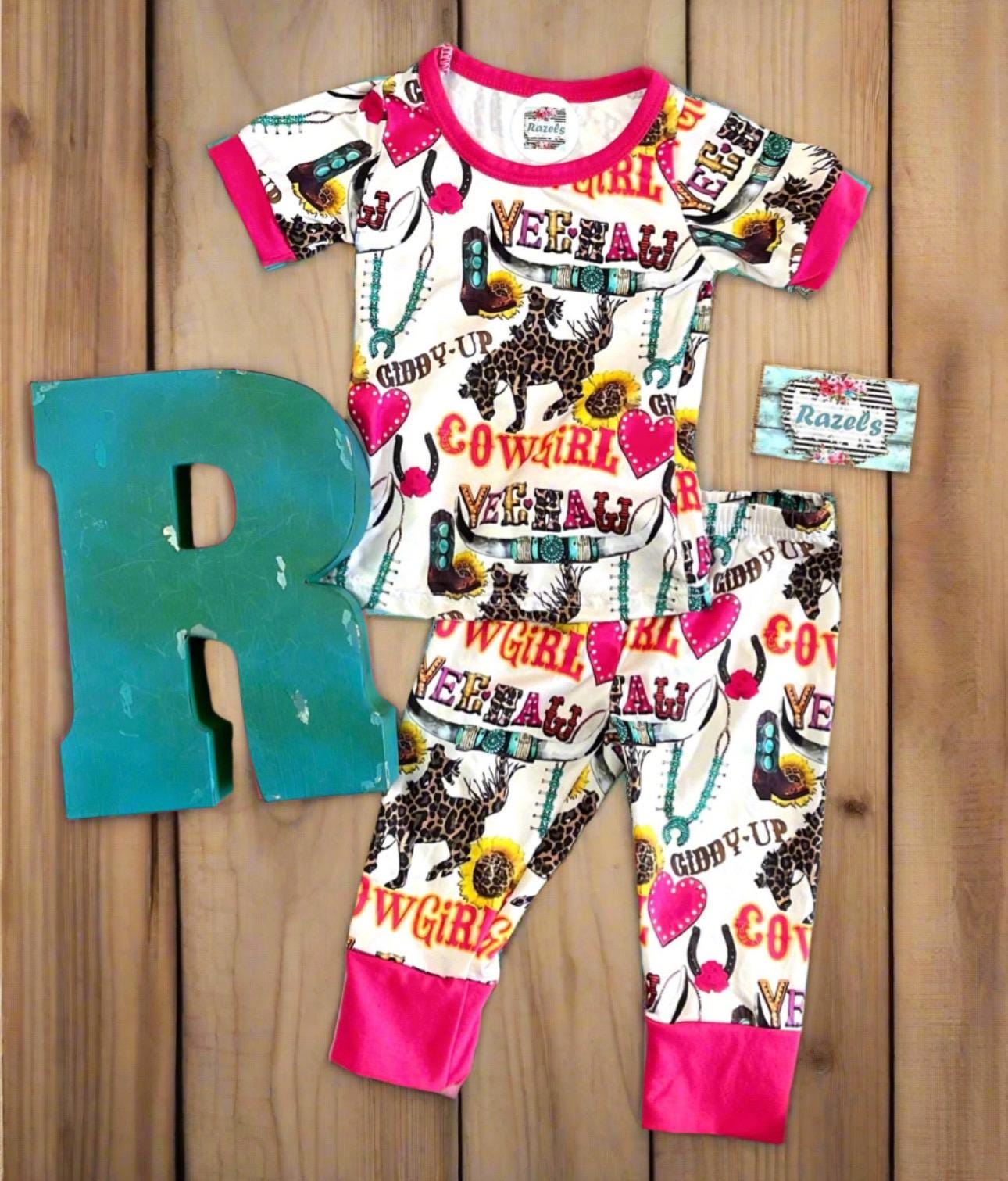 Cowgirl Pajamas / GIDDY UP Yeehaw Pajamas, Pink Hearts and Cowgirls -Razels