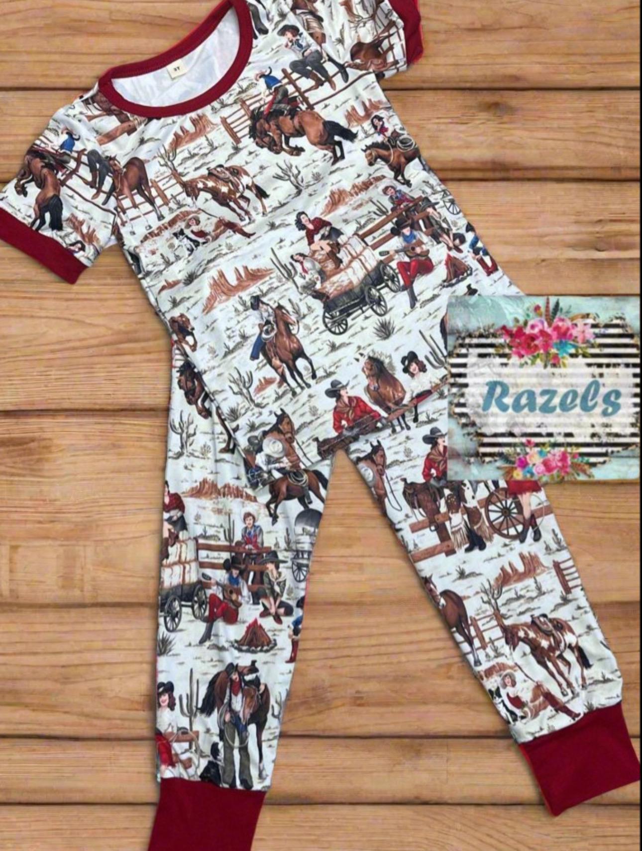 A cowgirl pajama set featuring a cheerful design of a cowgirl who can rope, ride broncs, and sing—complete with her trusty horse and dog by her side! Cute and soft and also available in matching mom size!