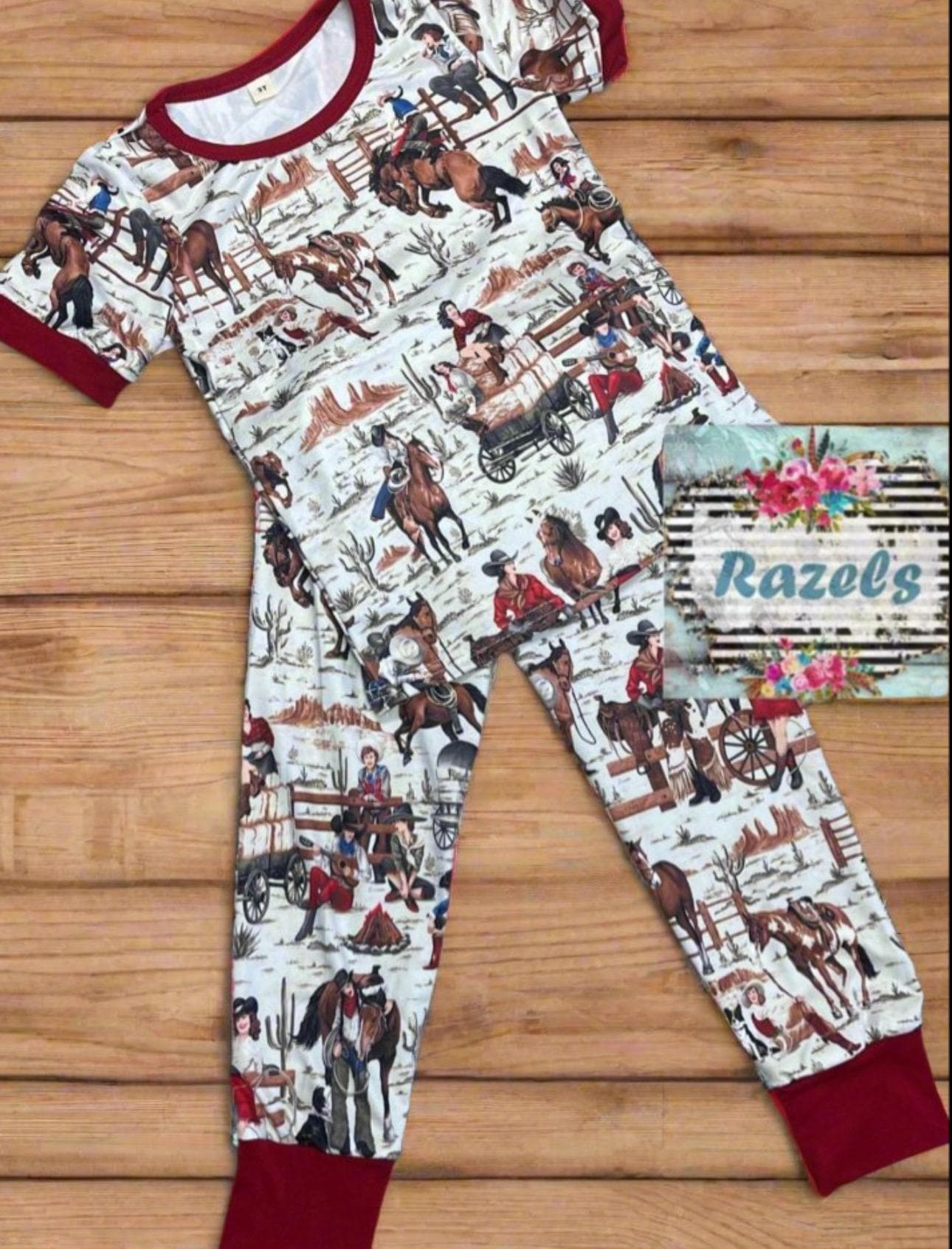 A cowgirl pajama set featuring a cheerful design of a cowgirl who can rope, ride broncs, and sing—complete with her trusty horse and dog by her side! Cute and soft and also available in matching mom size!