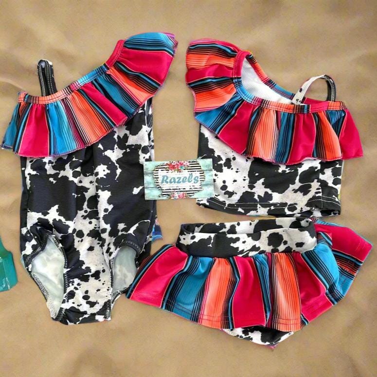 Cow Print Swimsuit Matching Western Swimwear – Cowboy & Cowgirl Serape Swim Trunks, Girls&#39; 1-Piece & Tankini