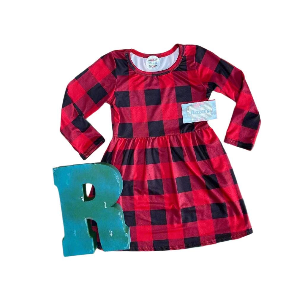 Girls&#39; Red and Black Buffalo Plaid Dress – Holiday Staple | Versatile Western Style Dress