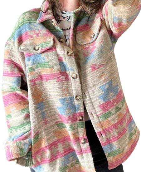 Pink Western Aztec Shacket | Southwestern Women’s Shirt Jacket, Oversized Layering Shirt, Western Style Jacket Stay Cozy and Stylish in this Pink Western Aztec Shacket!
 Pink Western Aztec Shacket is a must-have! Featuring vibrant, fun colors and oversized pockets, this shacket will be your new favorite for those cool-weather days. Whether you&#39;re layering it over a graphic tee or pairing it with your favorite jeans, this cozy piece makes a bold statement while keeping you warm.
ships free
