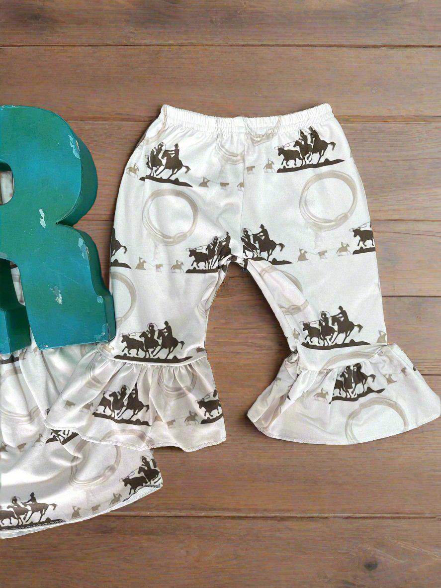 CLEARANCE $10 – Team Roper Bell Bottom Pants, Rodeo Flare Pants for Girls, Western Team Roping Print, Kids Cowgirl Outfit