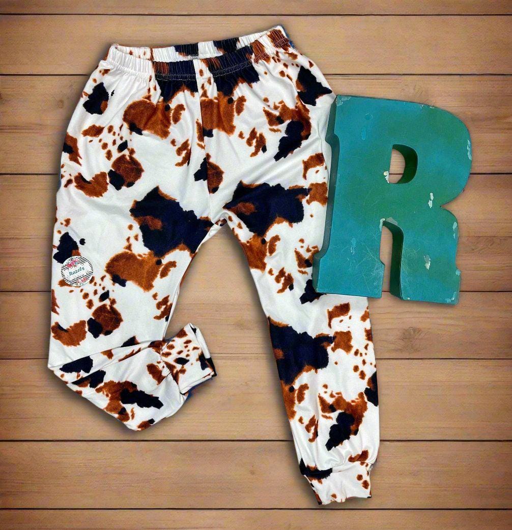 Western Sweatpants Kids Cow Print Joggers, Unisex Cowboy Cowgirl Ranch Style Pants for Boys & Girls