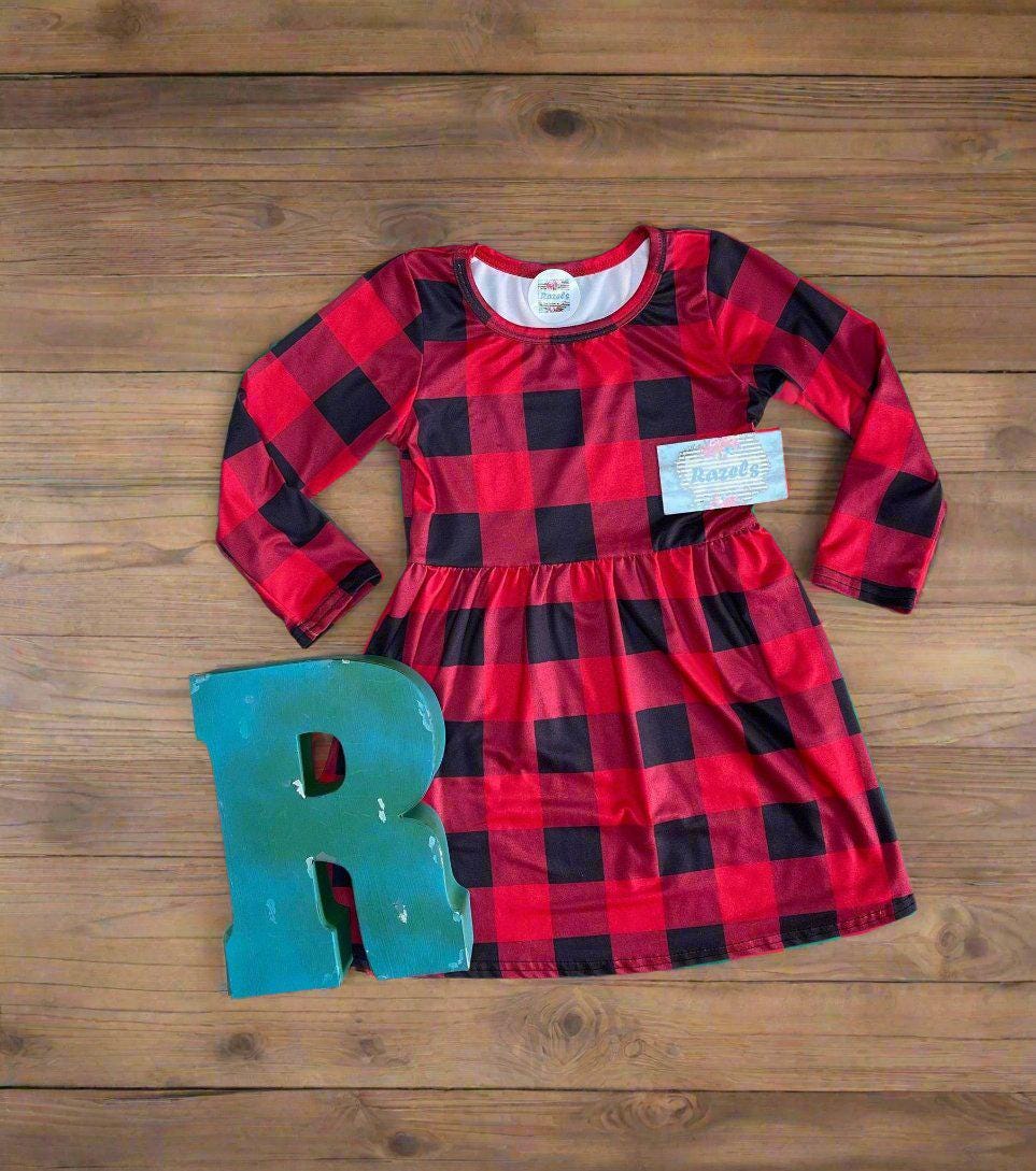 Girls&#39; Red and Black Buffalo Plaid Dress – Holiday Staple | Versatile Western Style Dress
