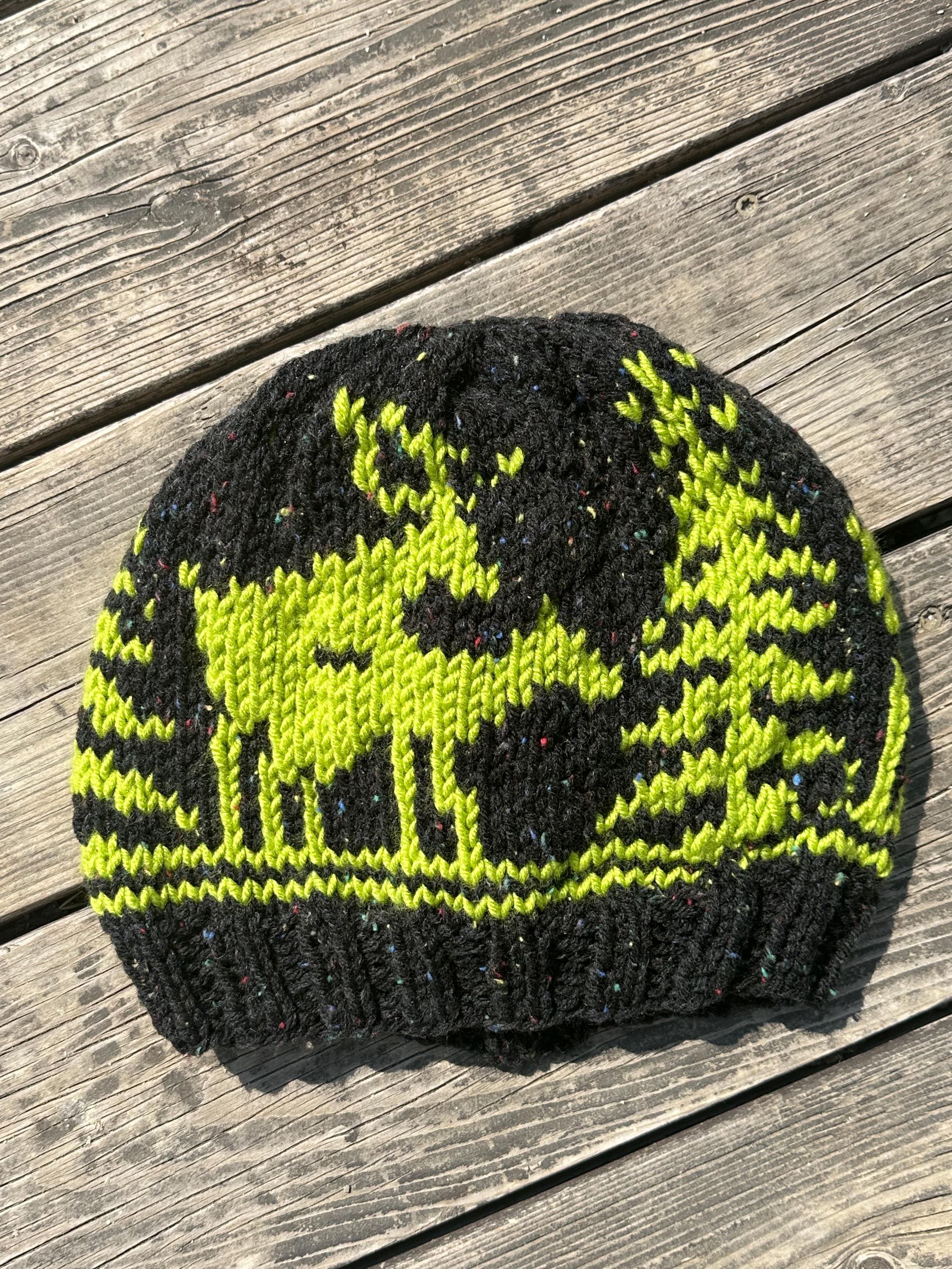 hand-knit deer elk sex hat for men. Gift for Hunter | Neon Green and Black Mans Hat, Fornicating Naughty Deer, Elk Antler Sex Hat, Gift for Him,