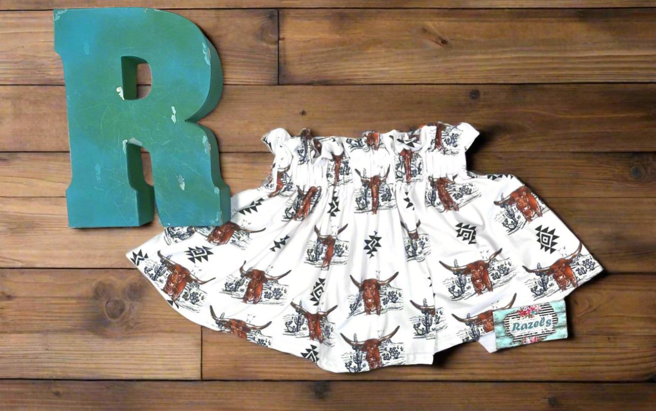 Girls Cowgirl Skirt |  Western Longhorn Aztec Print Skirt, Girls Paper Bag Skirt with aztec design and desert scene. Black, white and brown