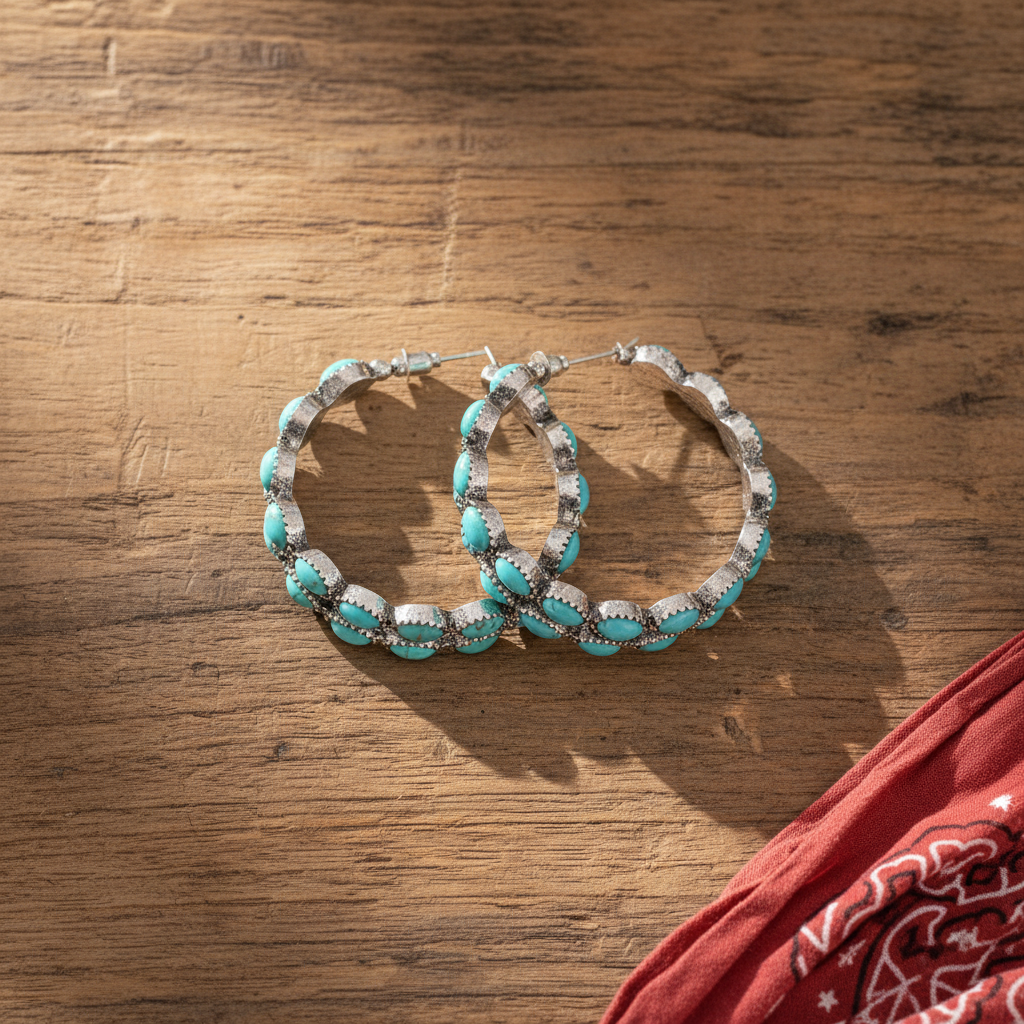 Western Turquoise Hoop Earrings | Bold C-Shape Western Earrings