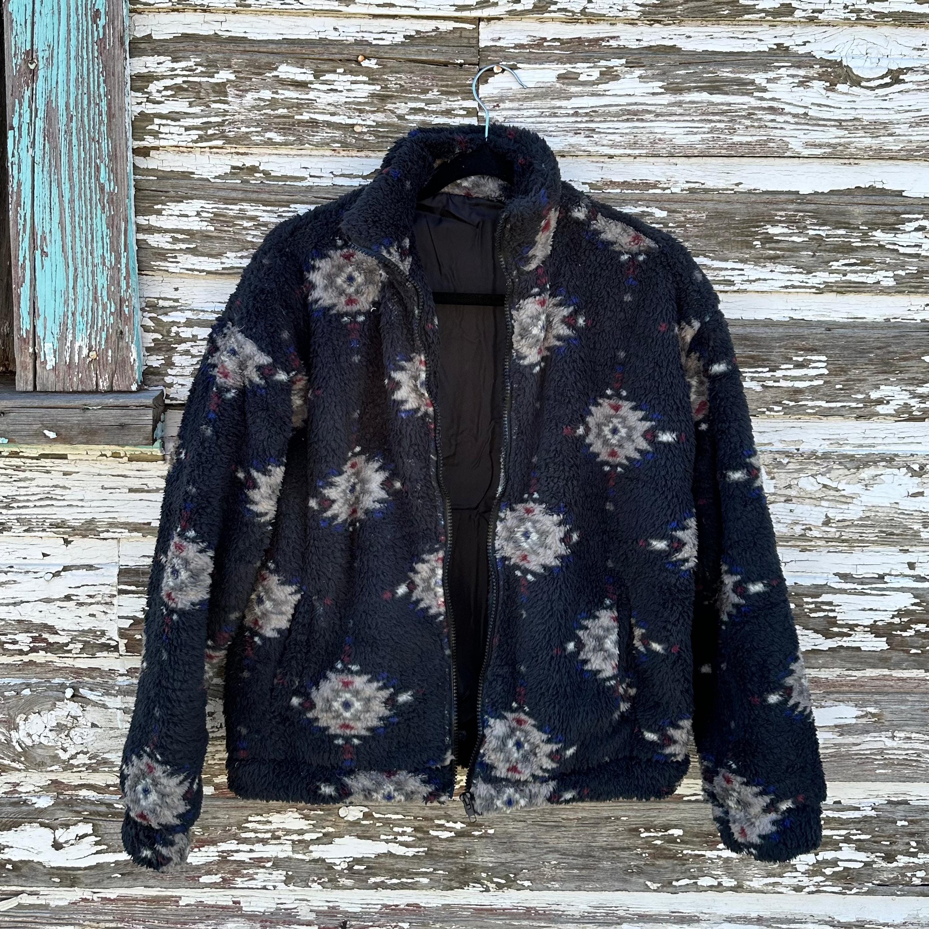 Aztec Sherpa Coat - Womens Western Jackets, Black Aztec Sherpa Bomber, Western Bomber– A cozy, zip-up Western-style coat with a stand-up collar and two practical pockets.. Perfect blend of style and function. SPRING WESTERN BOMBER JACKET