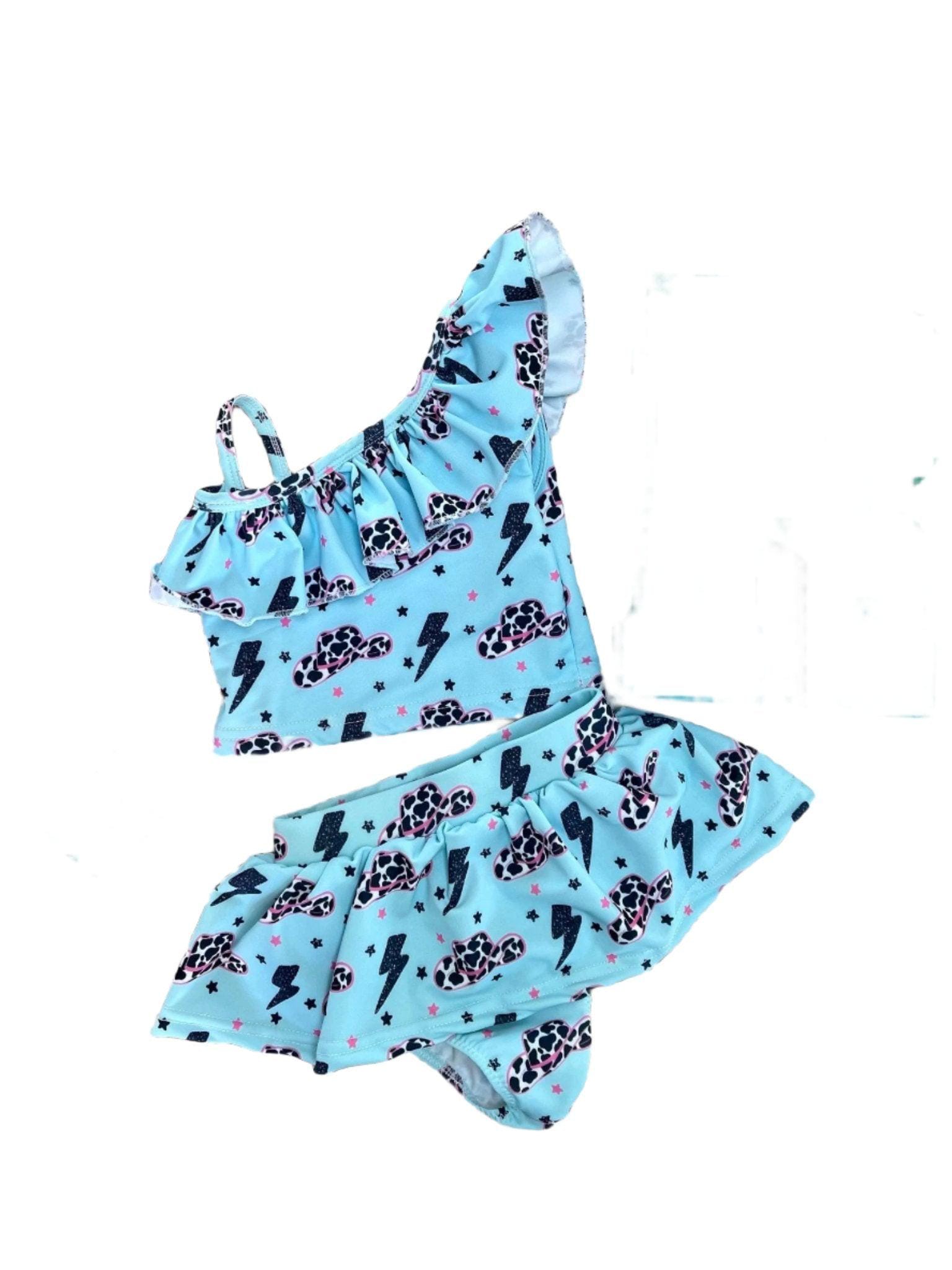 Western Cowgirl Tankini Swimsuit, Black White Cow print