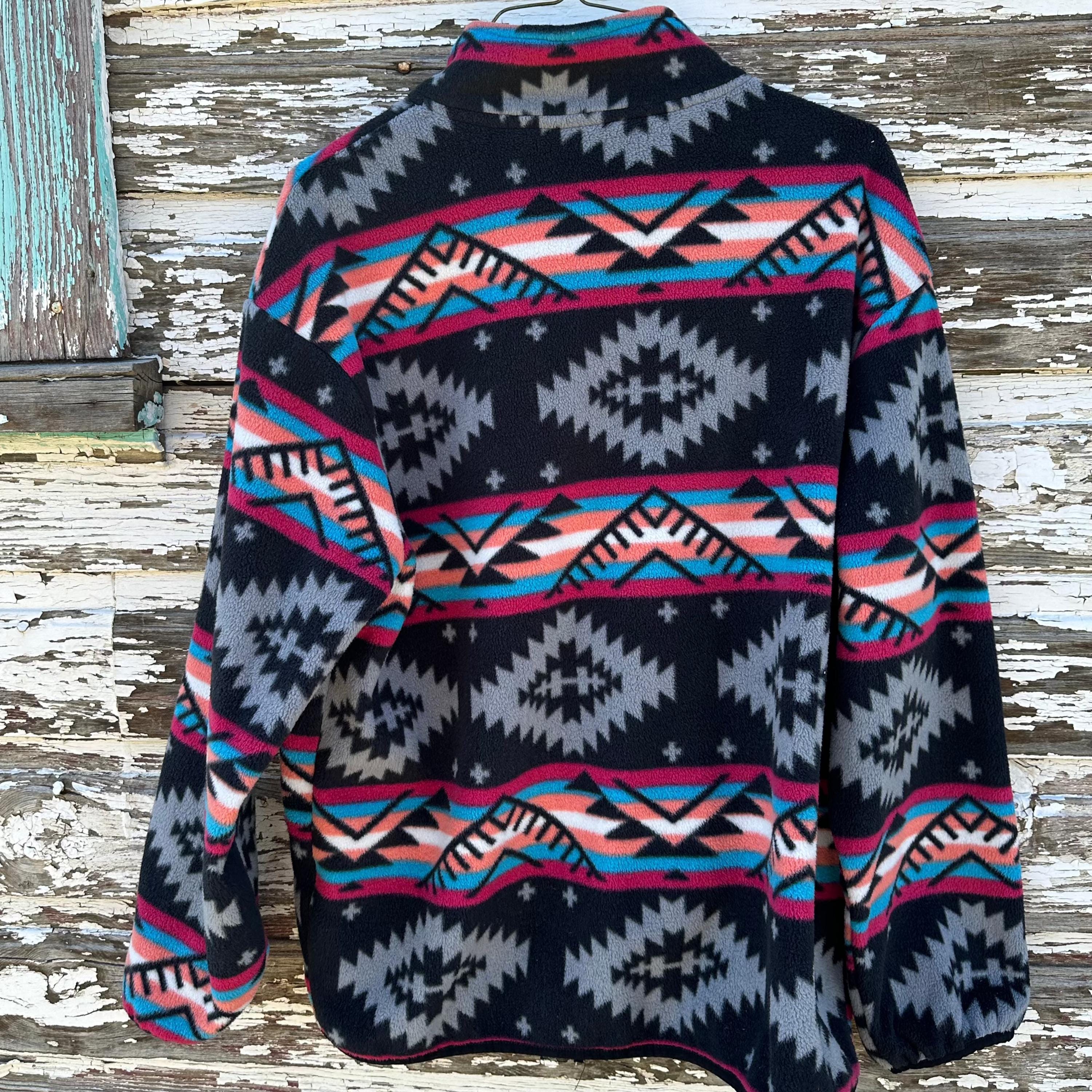 Western Fleece Jacket, Aztec Fleece Jacket, Spring Fleece Jacket, Western Zip Up features a vibrant Aztec print in black, grey, hot pink, orange, and turquoise pattern.  With a convenient zip-up design, this jacket is perfect for all seasons.