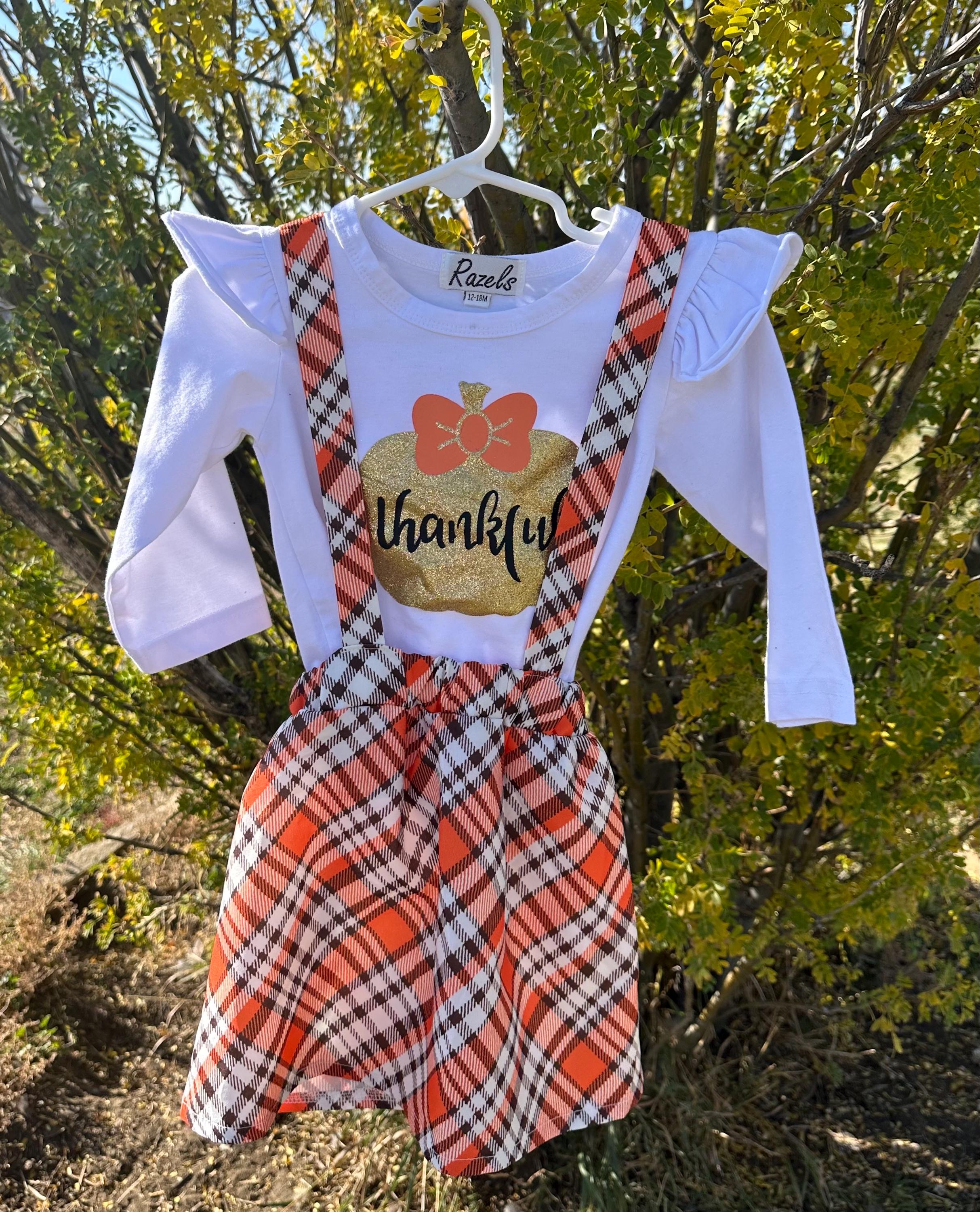 Toddler Girl Thanksgiving Outfit – Thankful Pumpkin Shirt & Fall Plaid Suspender Skirt | Fall Boutique Clothing