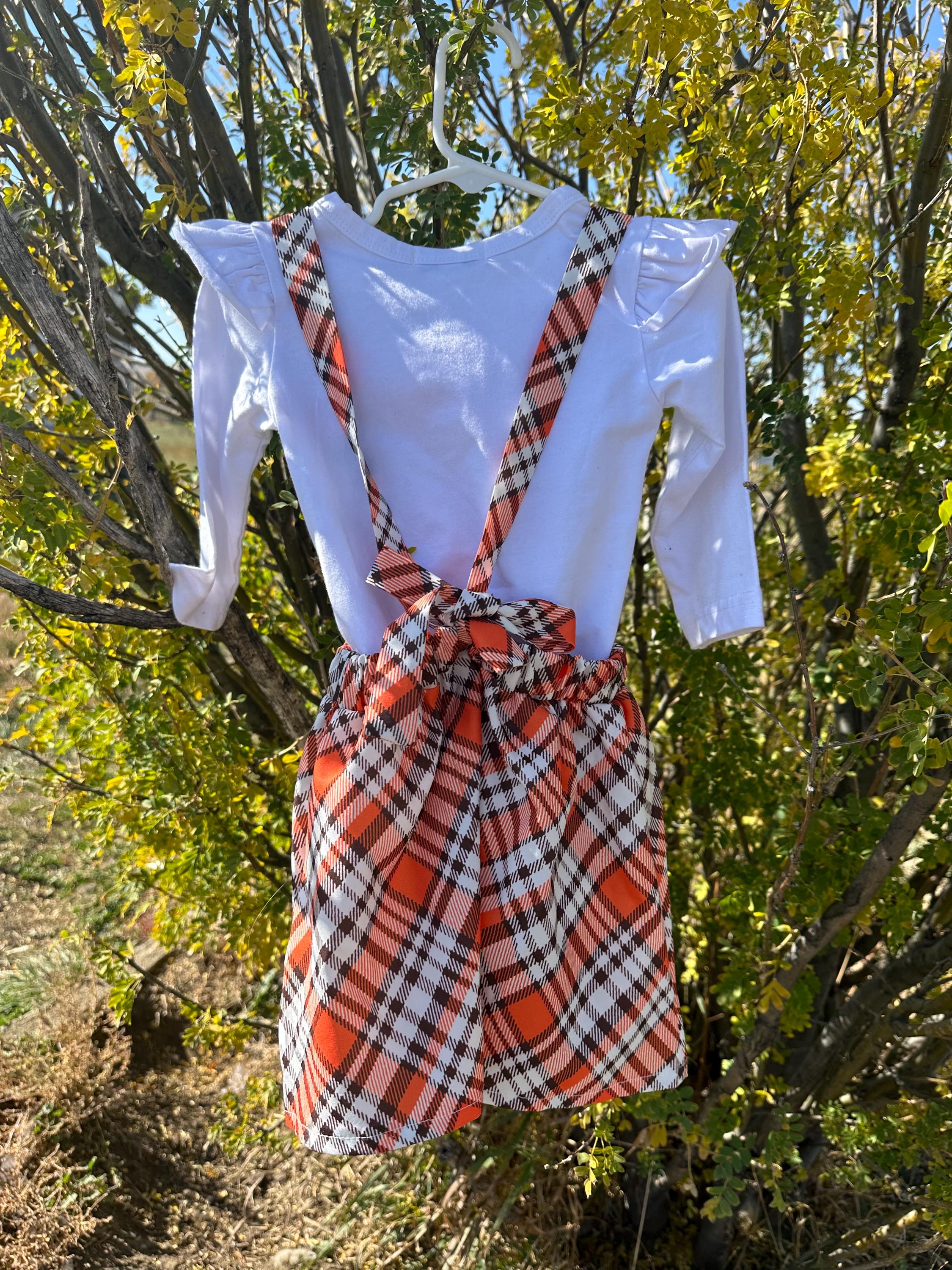 Toddler Girl Thanksgiving Outfit – Thankful Pumpkin Shirt & Fall Plaid Suspender Skirt | Fall Boutique Clothing