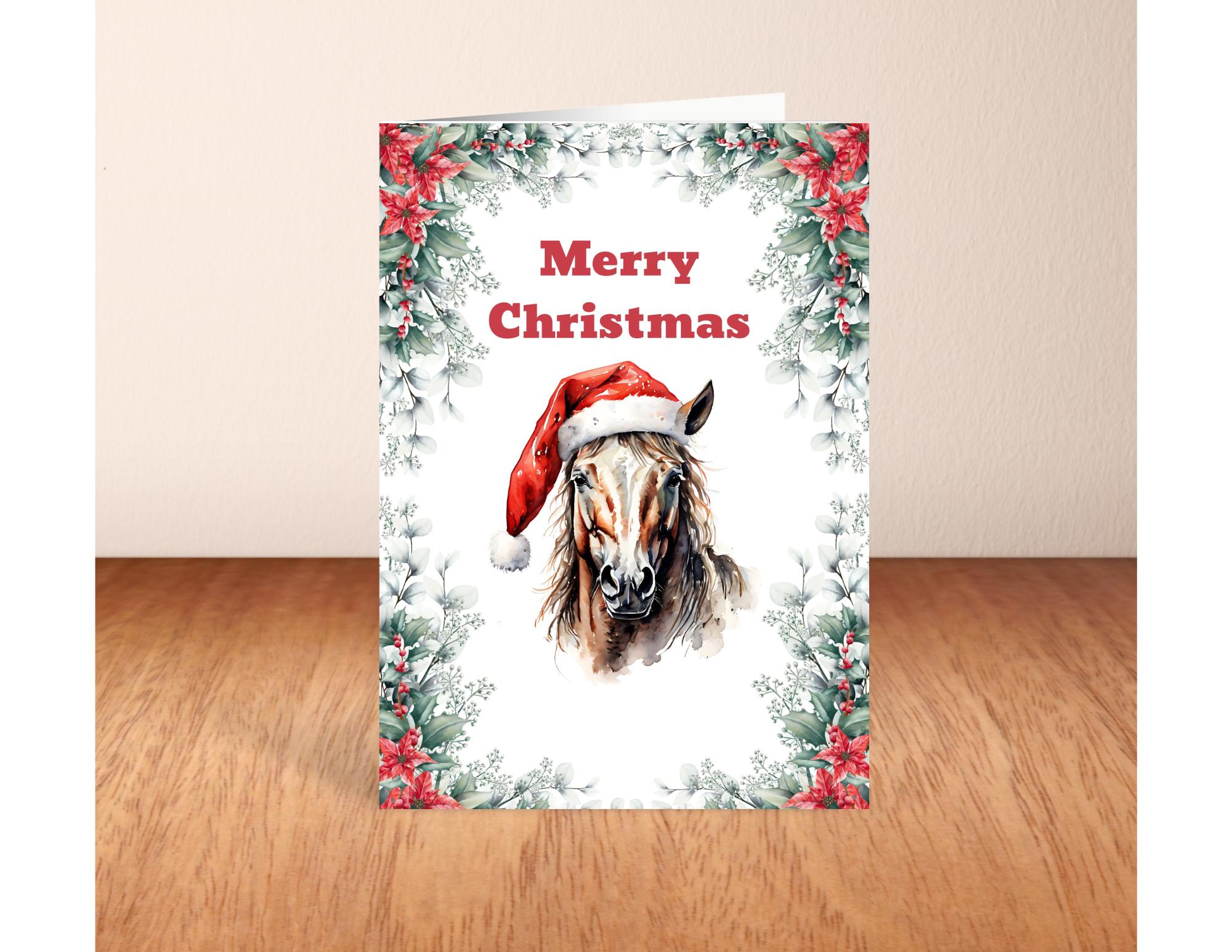 Western Christmas Card, Christmas Horse Card, Holiday Horse Digital Card featuring a blazed face sorrel wearing a Santa Hat sending his Merry Christmas wishes! Purchase 1 time and use unlimited times! Digital download, use it today!