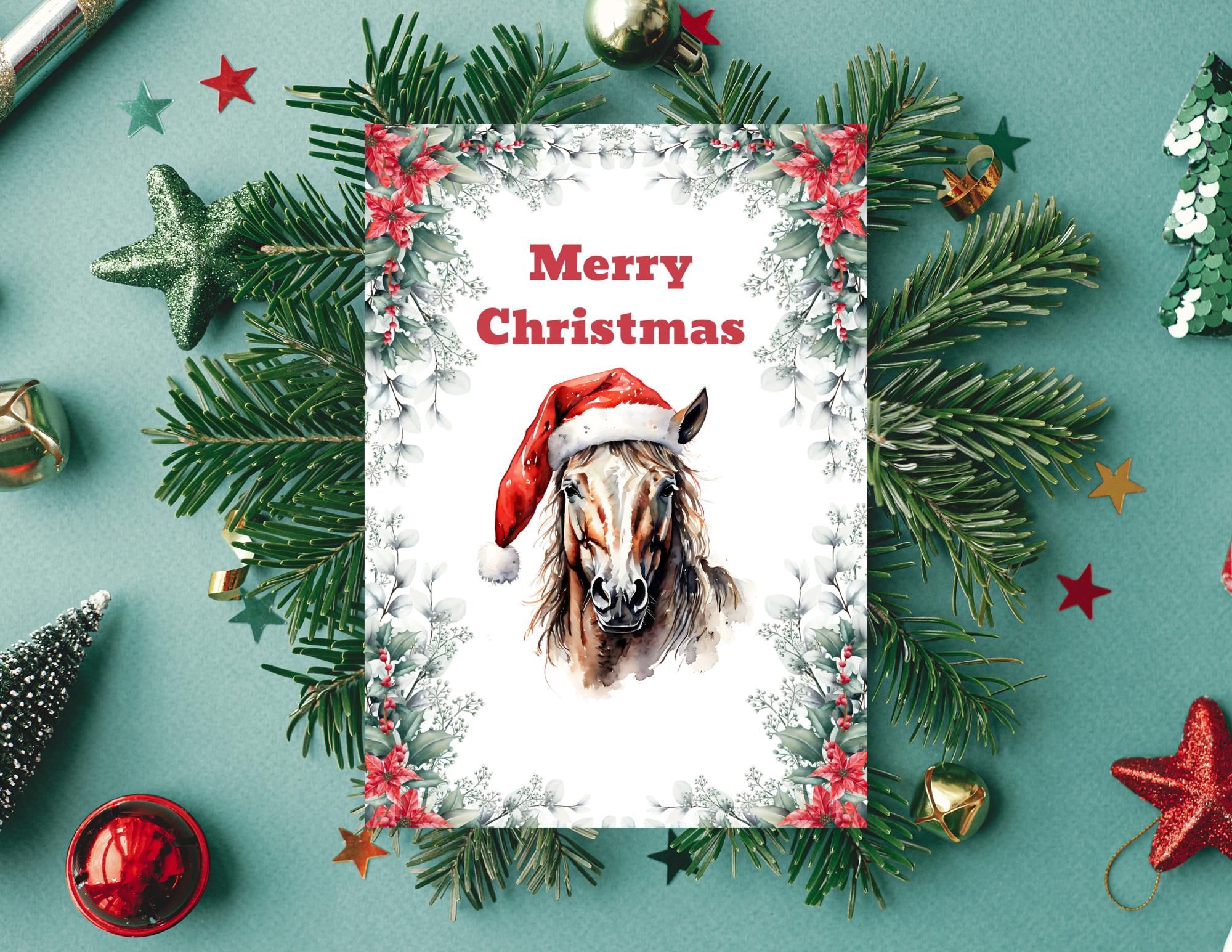 Western Christmas Card, Christmas Horse Card, Holiday Horse Digital Card featuring a blazed face sorrel wearing a Santa Hat sending his Merry Christmas wishes! Purchase 1 time and use unlimited times! Digital download, use it today!