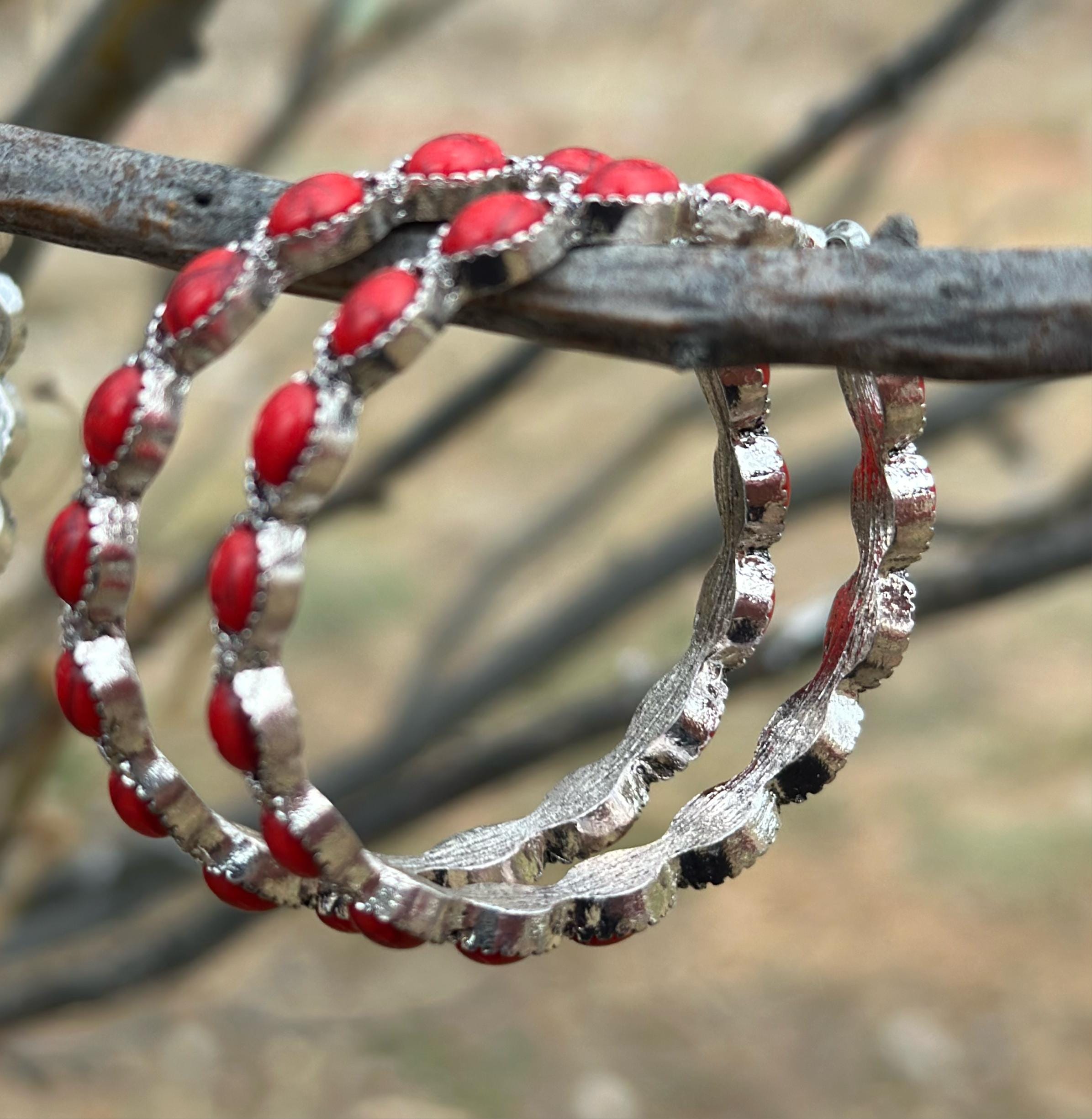 Large Red Hoop Earrings – Red Stone Hoop Earrings. 
These fiery red hoops are perfect for adding a pop of color this Valentine&#39;s Day. Great Valentine&#39;s Day Gift. Large Red Stone Hoops measure 1.8&quot;. Ship FREE with $35+ purchase.
