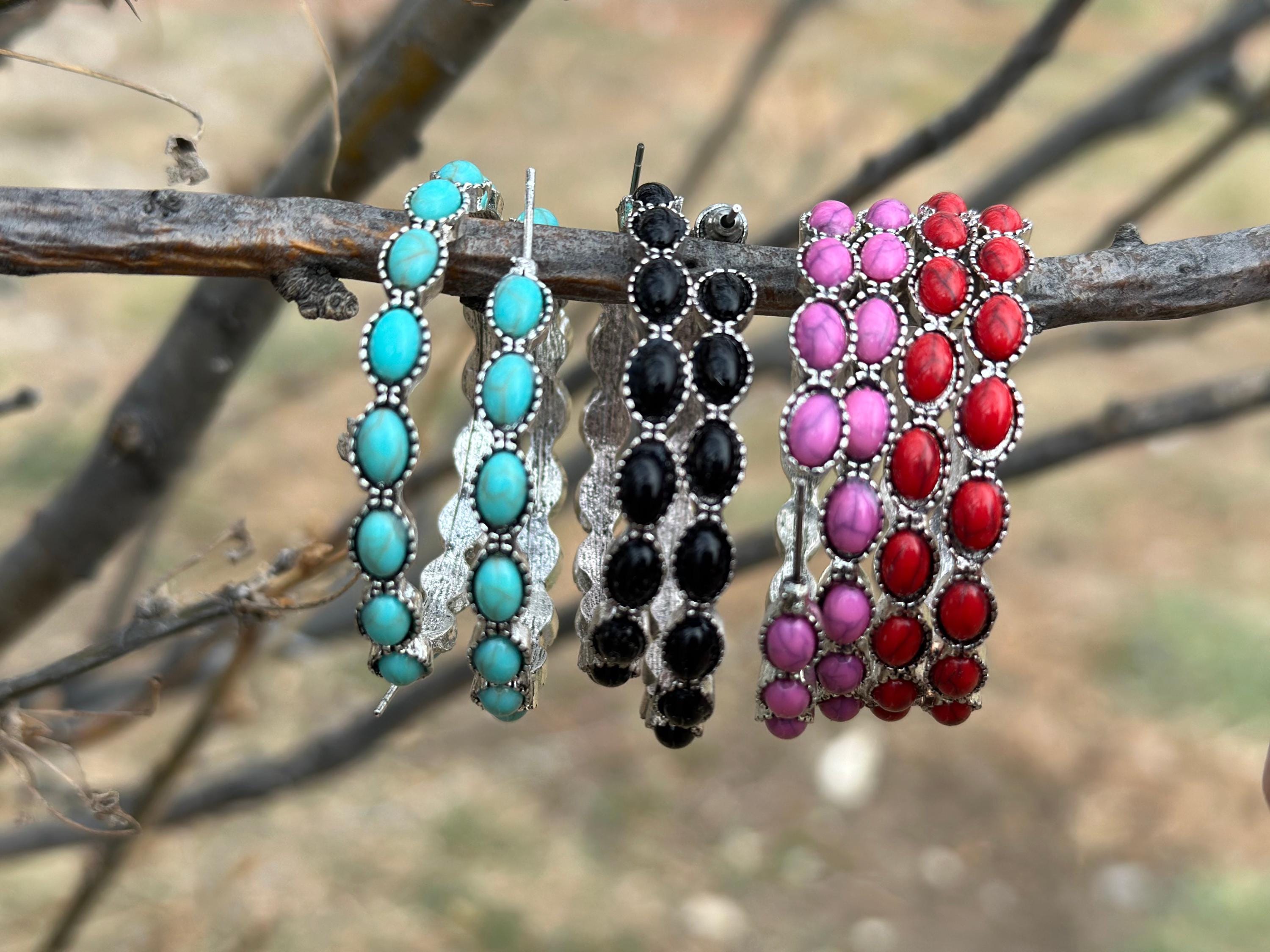 Large Red Hoop Earrings – Red Stone Hoop Earrings. 
These fiery red hoops are perfect for adding a pop of color this Valentine&#39;s Day. Great Valentine&#39;s Day Gift. Large Red Stone Hoops measure 1.8&quot;. Ship FREE with $35+ purchase.