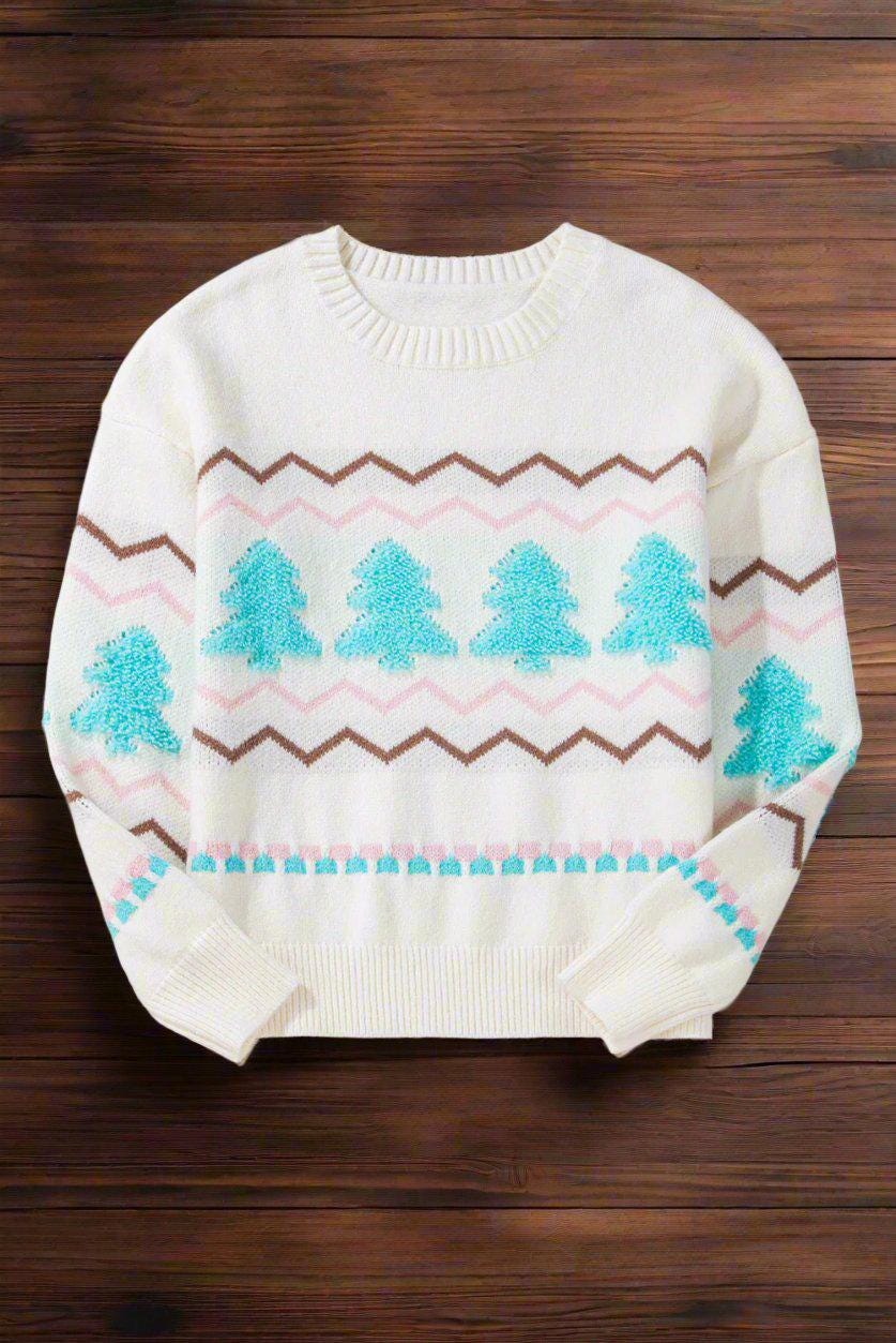 Turquoise Christmas Tree Sweater – Cute Winter Sweater, Striped Sweater, White Christmas Sweater, Christmas Tree Patch Sweater