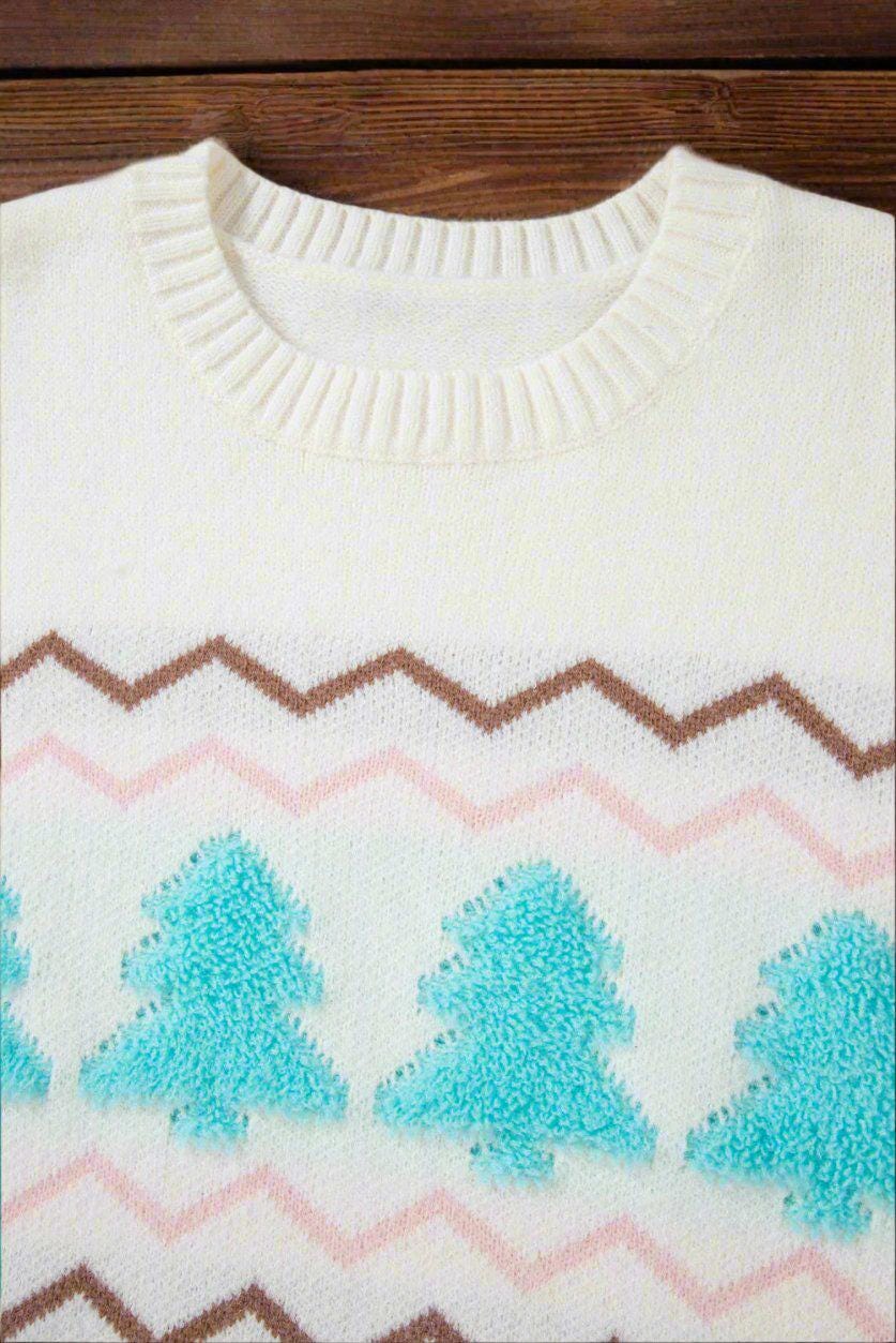 Turquoise Christmas Tree Sweater – Cute Winter Sweater, Striped Sweater, White Christmas Sweater, Christmas Tree Patch Sweater