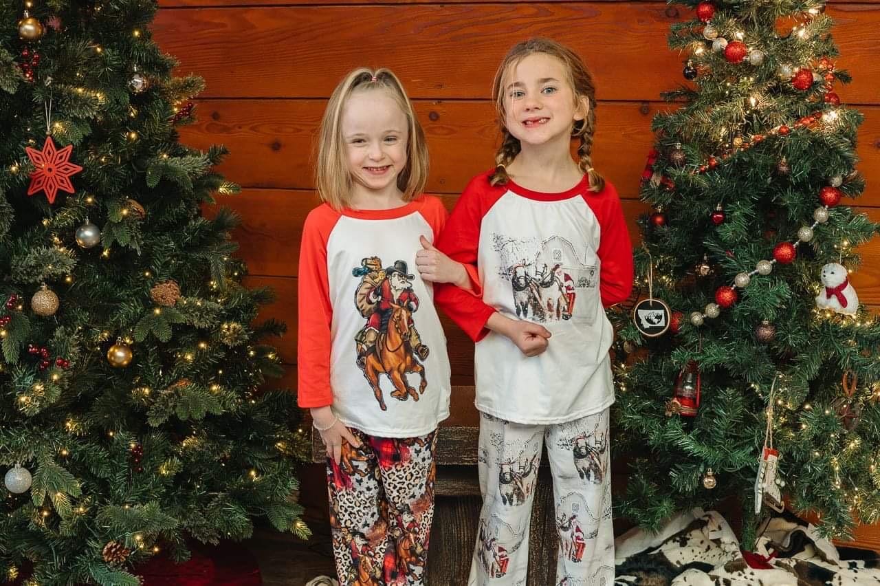 Kids Western Christmas Pajamas – Cowboy Santa Sleigh PJs, Red Raglan Top & Printed Pants | Matching Family Holiday Sleepwear