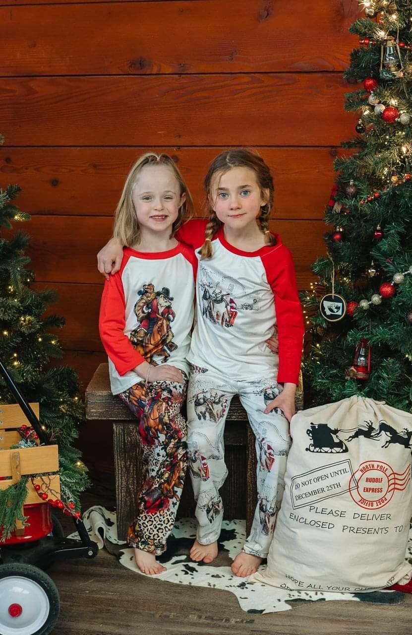 Kids Western Christmas Pajamas – Cowboy Santa Sleigh PJs, Red Raglan Top & Printed Pants | Matching Family Holiday Sleepwear