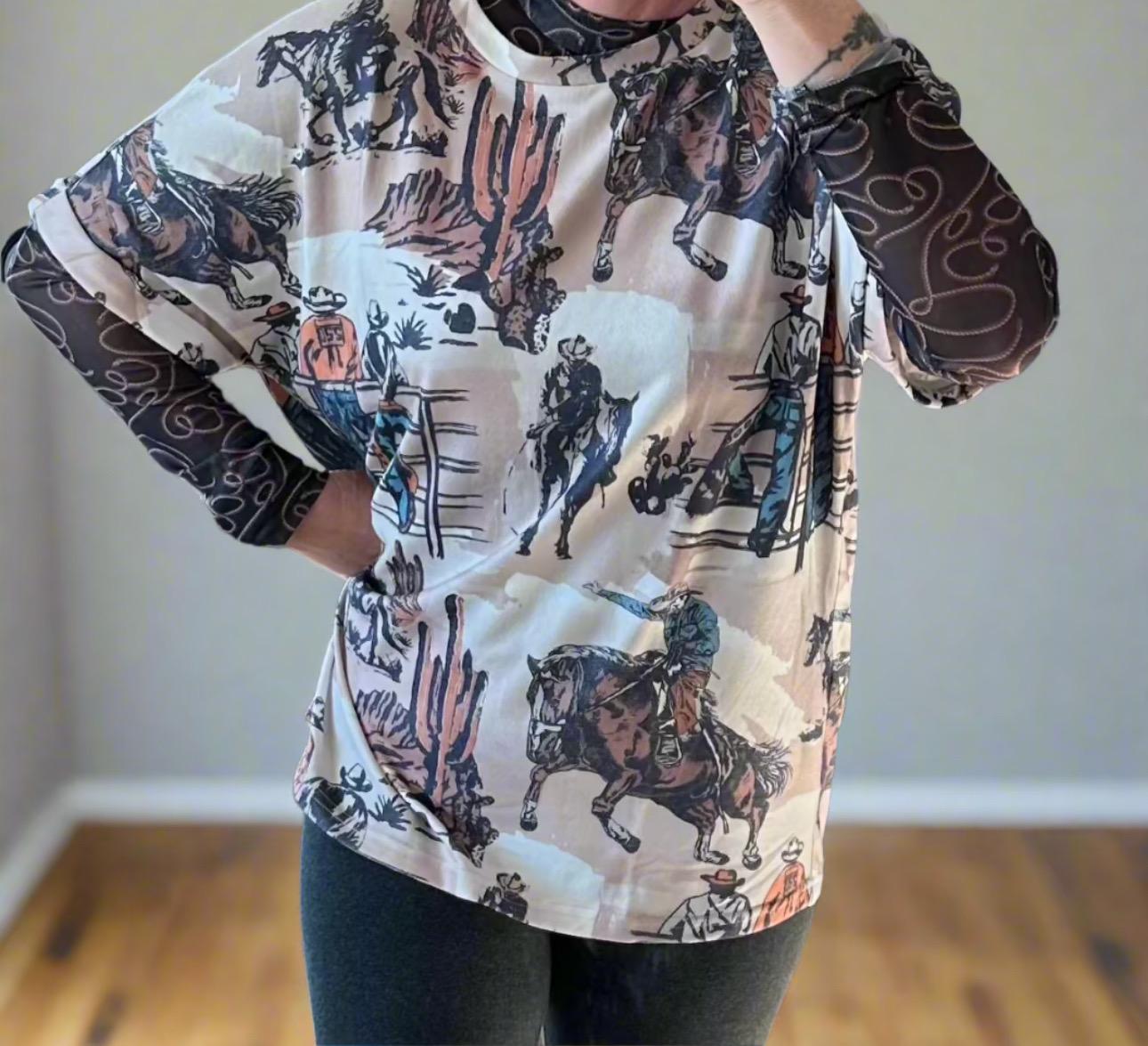 COWBOY T-Shirt for Women! This Western T-Shirt features a bold, allover unique cowboy print, making it perfect for every day! Oversized with a relaxed fit, this tee is soft and comfy, pairing perfectly with leggings, jeggings, biker shorts, and more.