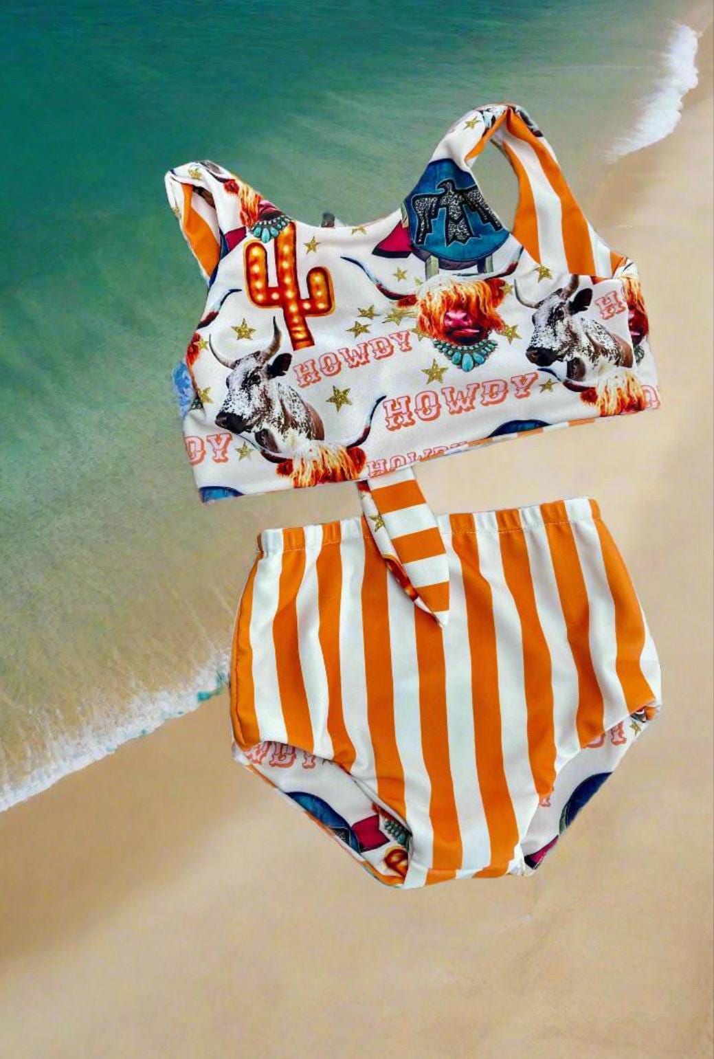 Highland Cow HIGH WAISTED REVERSIBLE Swimsuit, Cow Girl Swimming Suit -Razels