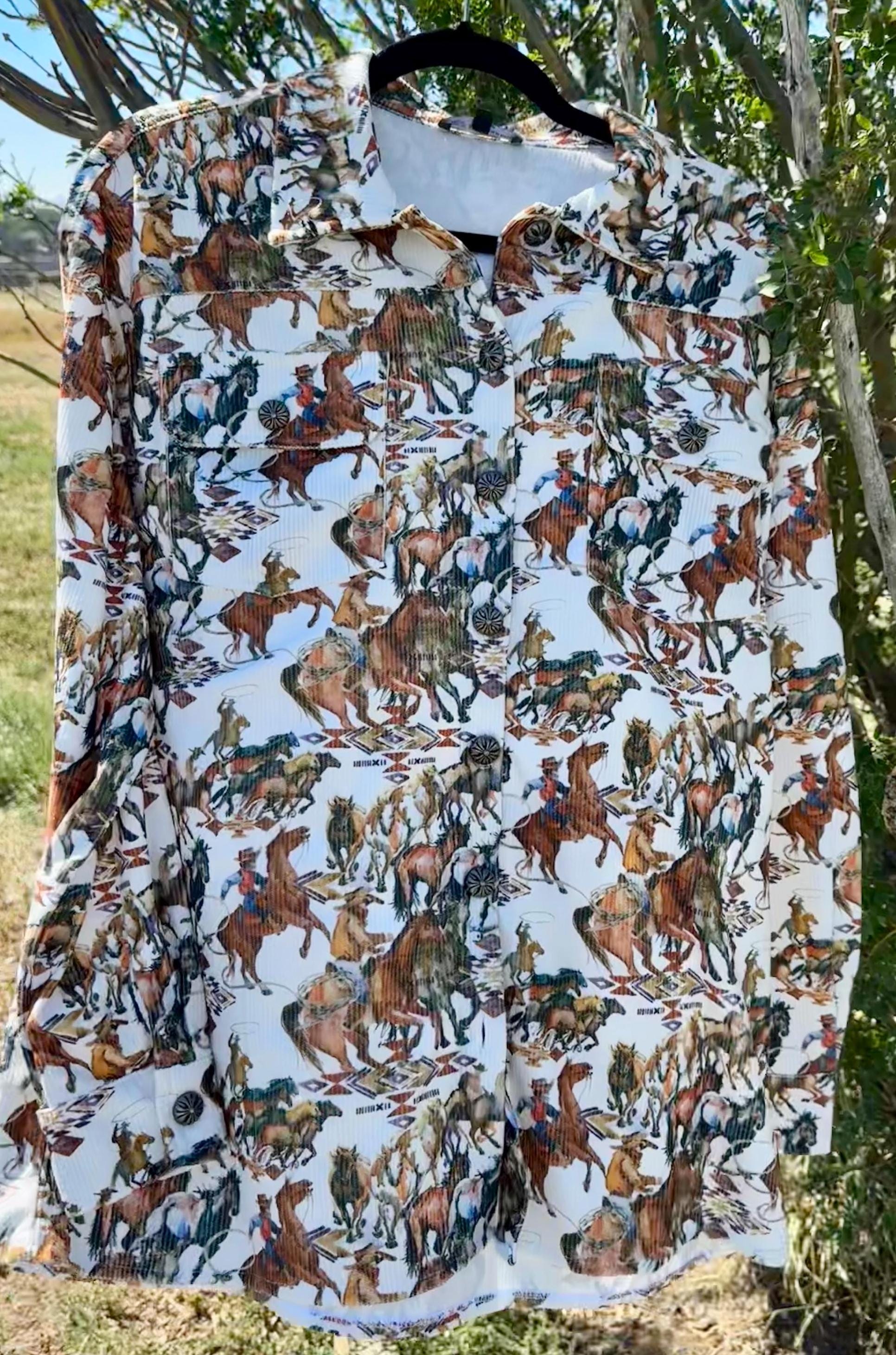 Women&#39;s Western Corduroy Cowboy Shirt – Vintage Cowgirl Button-Up. Meet your new favorite go-to piece—the Cowgirl Button-Up Corduroy Shirt! This vintage cowboy print shirt blends classic Western charm with effortless style, making it a must-have for any cowgirl’s wardrobe.
Shirt features an Authentic Cowboy Print – A unique blend of soft brown, cream, and green tones for a true Western vibe.
Corduroy Fabric and is Versatile & Stylish. Ships FREE from MONTANA today!
