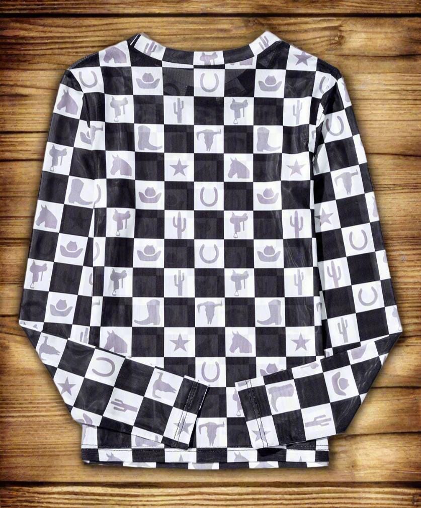 Western Mesh Shirt | Cowgirl Shirt | Women&#39;s Sheer Western Layering Top - Unleash your inner cowgirl with a bold, modern twist! This Western Mesh Shirt blends classic Western fashion with edgy, contemporary style. Designed for layering, this long-sleeve sheer top features a striking checkerboard print that adds effortless flair to any outfit.
✔ Breathable & Lightweight 
✔ Unique Checkerboard Print 
✔ Perfect for Layering 
✔ High Elasticity for a Flattering Fit
SHIPS FREE W/ $35+