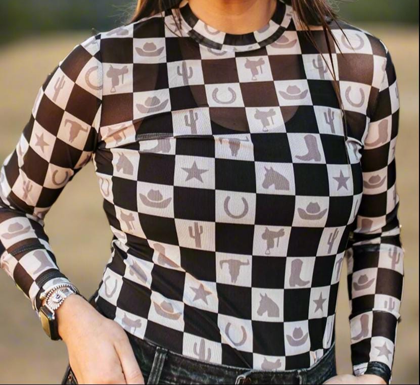 Western Mesh Shirt | Cowgirl Shirt | Women&#39;s Sheer Western Layering Top - Unleash your inner cowgirl with a bold, modern twist! This Western Mesh Shirt blends classic Western fashion with edgy, contemporary style. Designed for layering, this long-sleeve sheer top features a striking checkerboard print that adds effortless flair to any outfit.
✔ Breathable & Lightweight 
✔ Unique Checkerboard Print 
✔ Perfect for Layering 
✔ High Elasticity for a Flattering Fit
SHIPS FREE W/ $35+